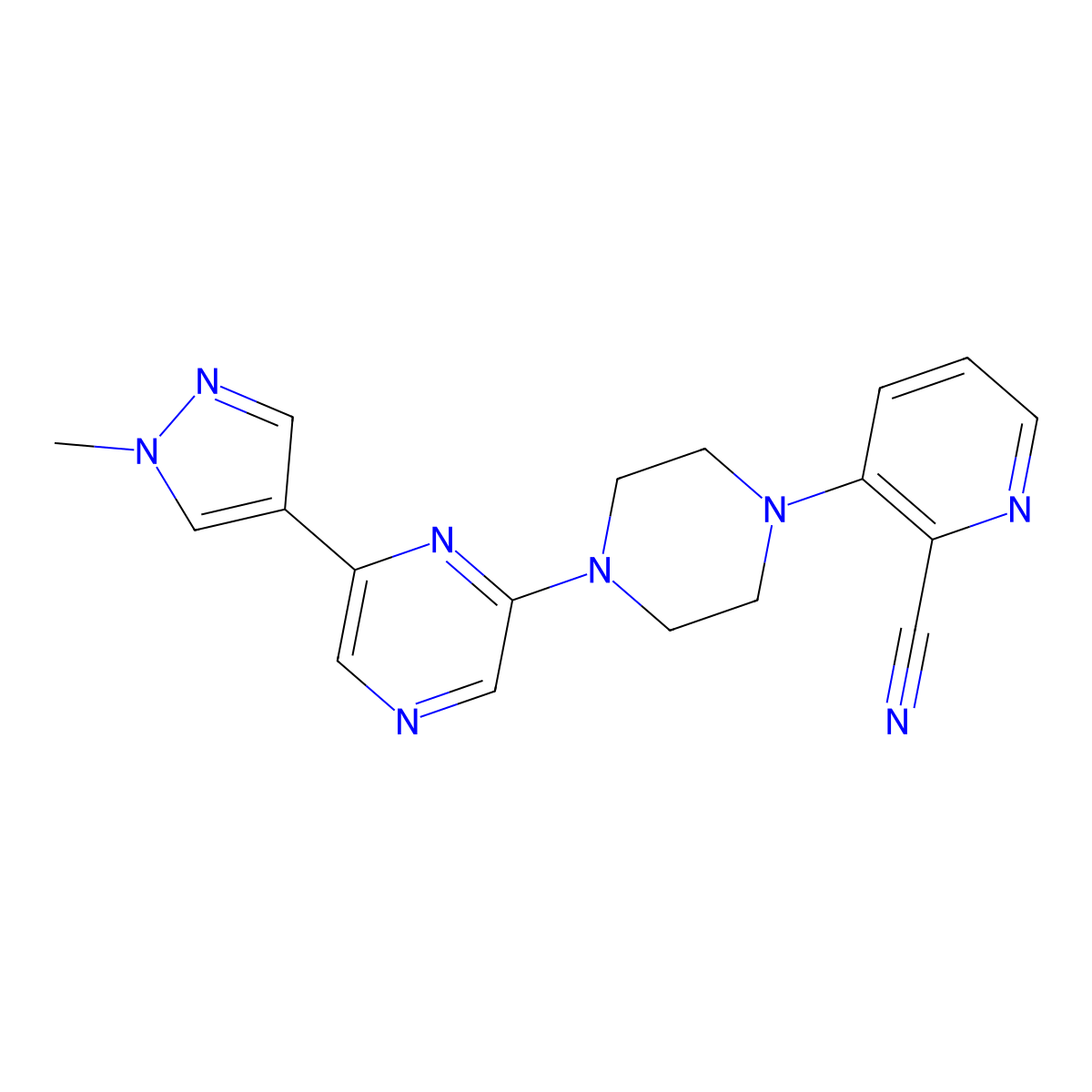 3-{4-[6-(1-methyl-1H-pyrazol-4-yl)pyrazin-2-yl]piperazin-1-yl}pyridine-2-carbonitrile molecular structure, CAS 2770599-90-9