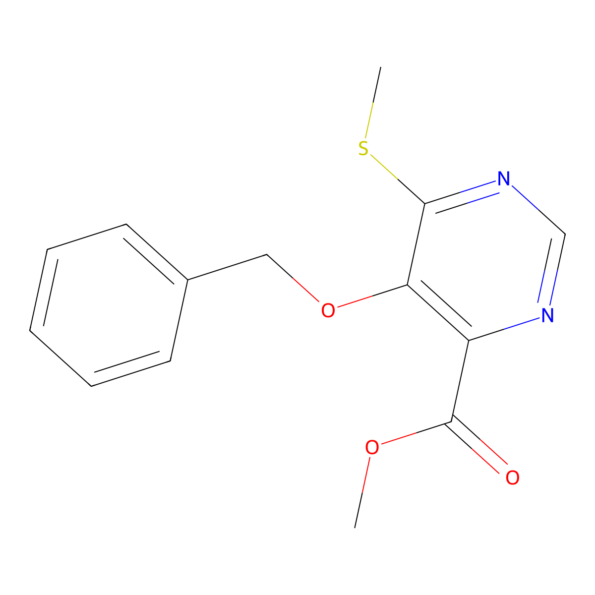 Methyl 5-(benzyloxy)-6-(methylsulfanyl)pyrimidine-4-carboxylate molecular structure, CAS 2770599-93-2
