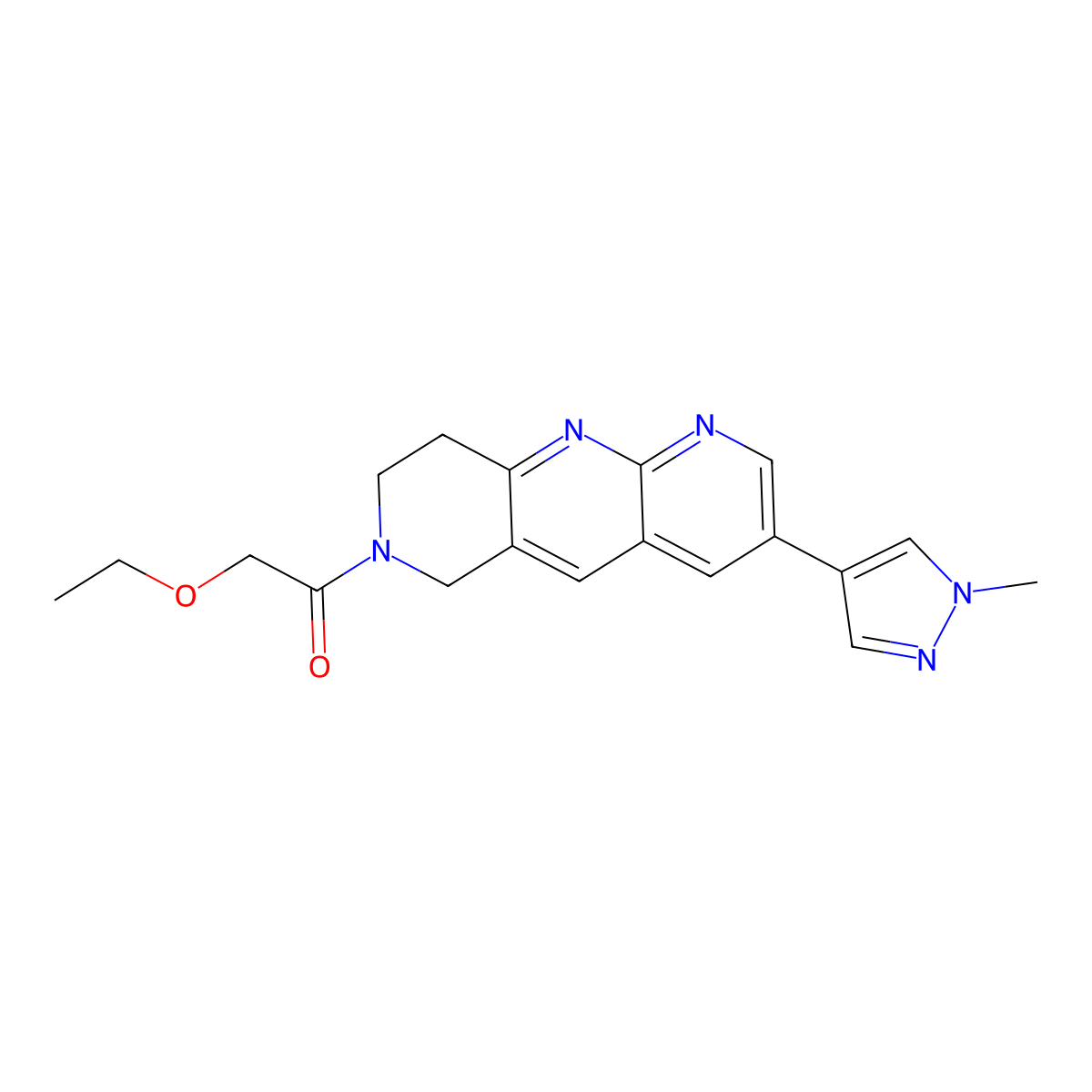 2-ethoxy-1-[3-(1-methyl-1H-pyrazol-4-yl)-6H,7H,8H,9H-pyrido[2,3-b]1,6-naphthyridin-7-yl]ethan-1-one molecular structure, CAS 2770599-97-6
