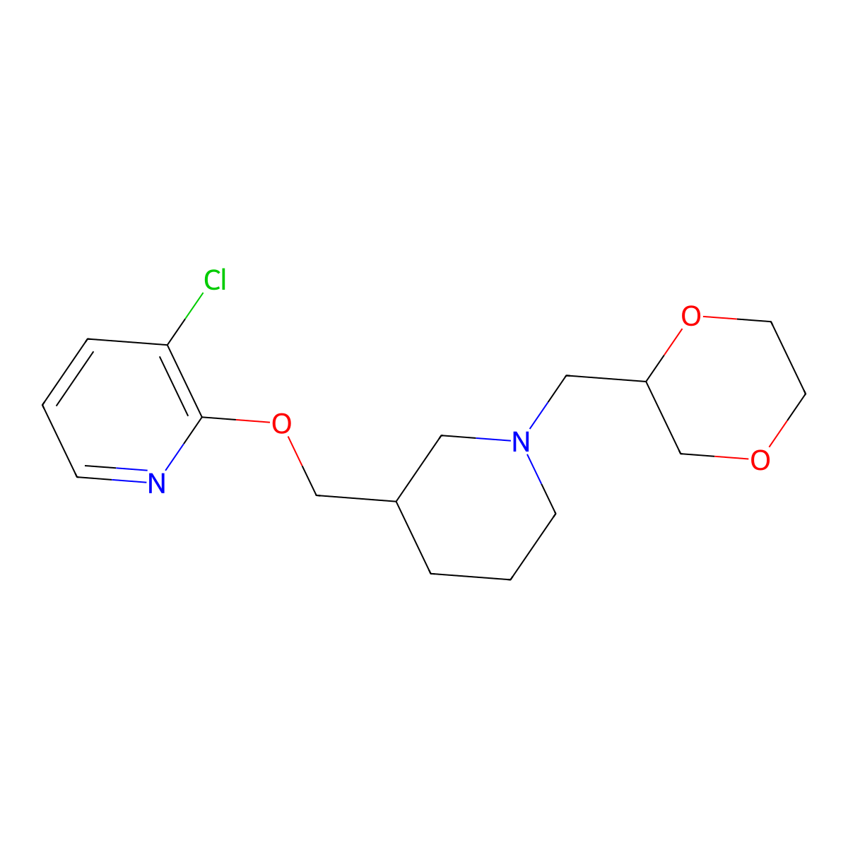 3-Chloro-2-({1-[(1,4-dioxan-2-yl)methyl]piperidin-3-yl}methoxy)pyridine molecular structure, CAS 2770600-01-4