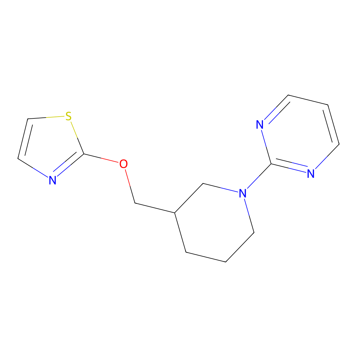 2-{3-[(1,3-Thiazol-2-yloxy)methyl]piperidin-1-yl}pyrimidine molecular structure, CAS 2770600-02-5