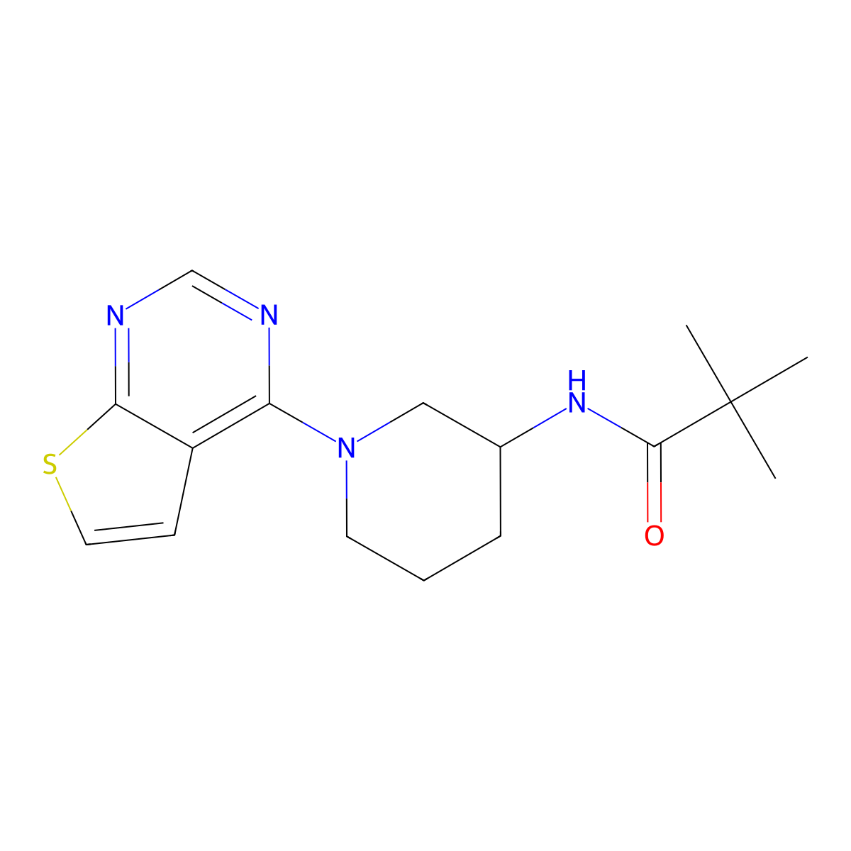 2,2-dimethyl-N-(1-{thieno[2,3-d]pyrimidin-4-yl}piperidin-3-yl)propanamide molecular structure, CAS 2770600-05-8