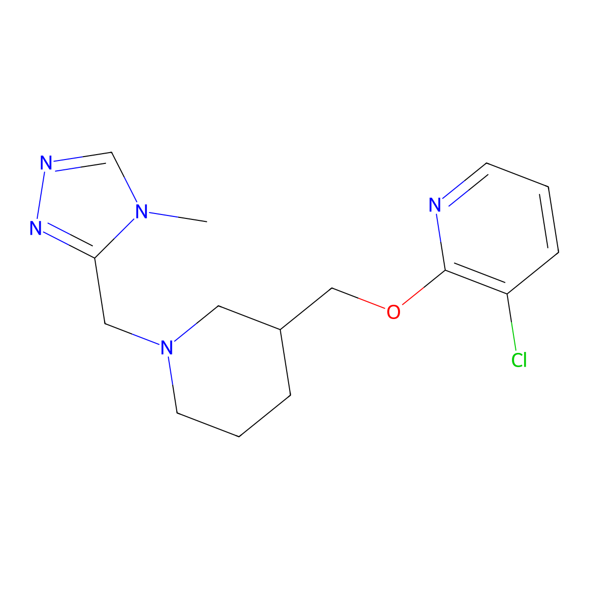 3-chloro-2-({1-[(4-methyl-4H-1,2,4-triazol-3-yl)methyl]piperidin-3-yl}methoxy)pyridine molecular structure, CAS 2770600-08-1