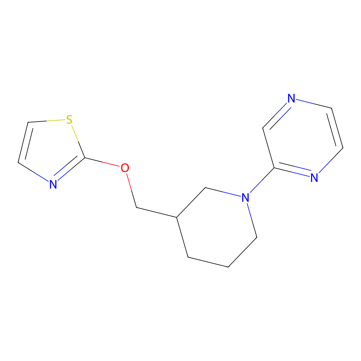 2-{3-[(1,3-Thiazol-2-yloxy)methyl]piperidin-1-yl}pyrazine molecular structure, CAS 2770600-13-8
