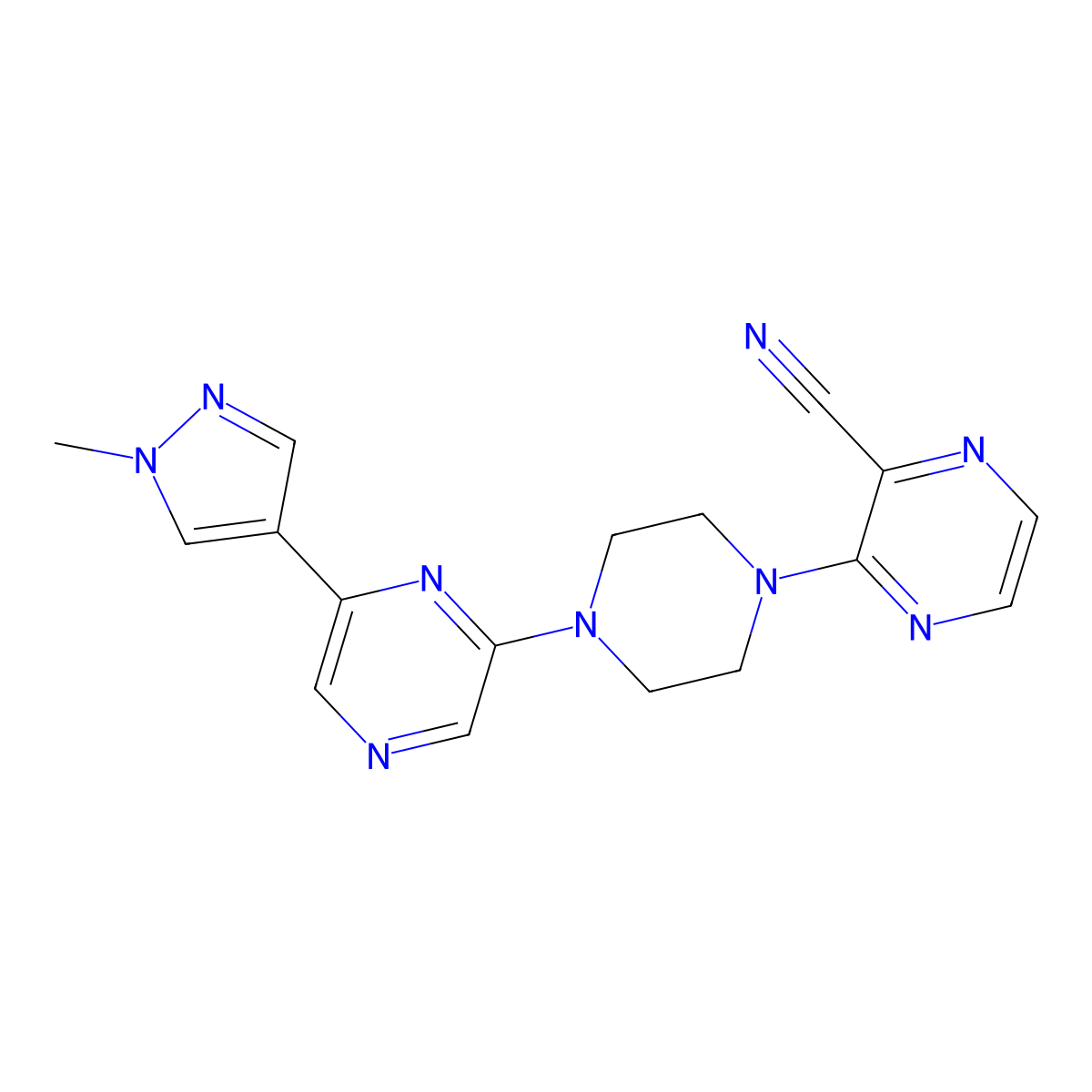 3-{4-[6-(1-methyl-1H-pyrazol-4-yl)pyrazin-2-yl]piperazin-1-yl}pyrazine-2-carbonitrile molecular structure, CAS 2770600-19-4