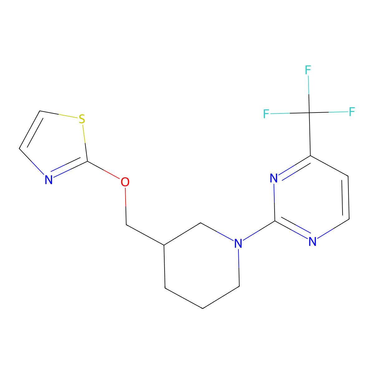 2-{3-[(1,3-Thiazol-2-yloxy)methyl]piperidin-1-yl}-4-(trifluoromethyl)pyrimidine molecular structure, CAS 2770600-22-9