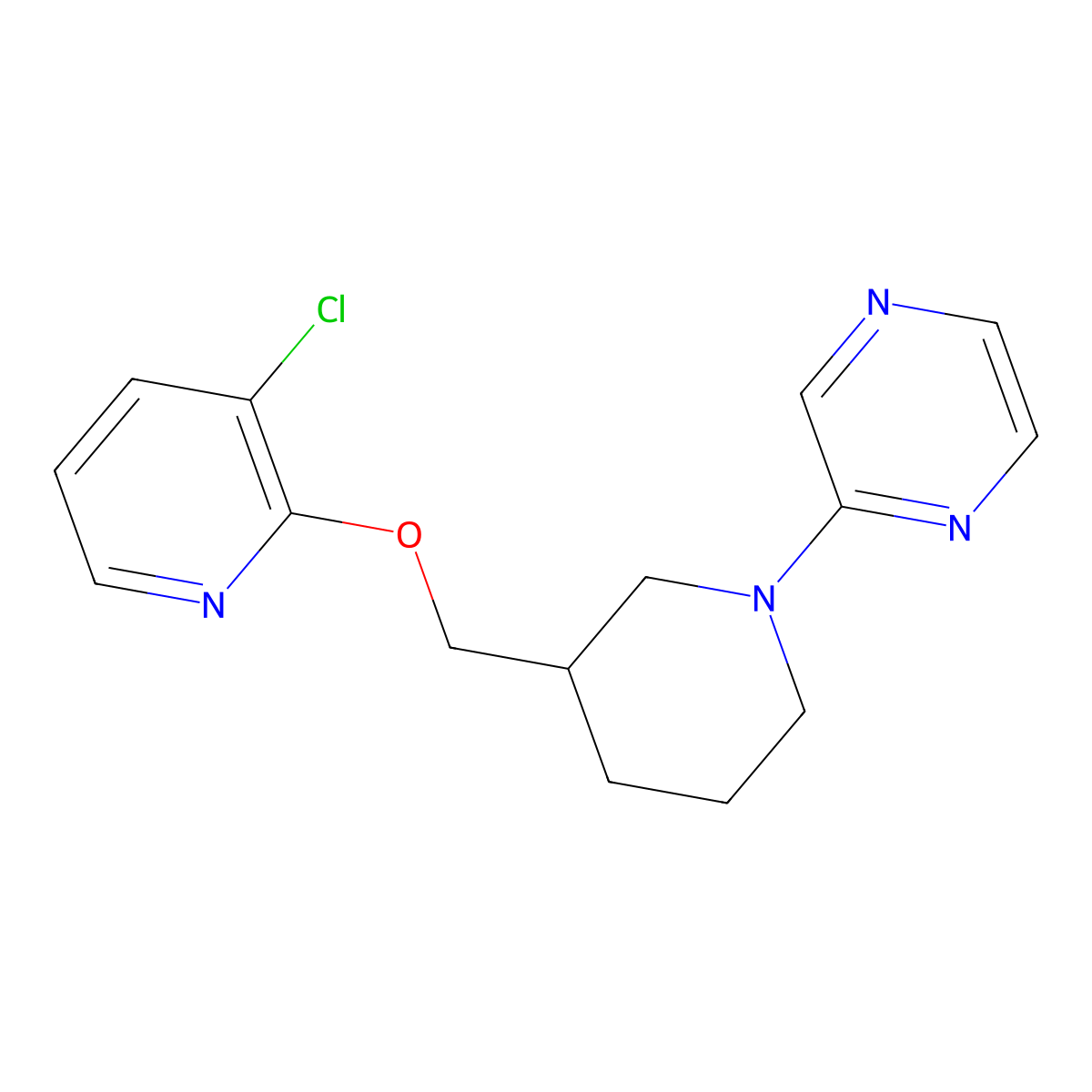 2-(3-{[(3-Chloropyridin-2-yl)oxy]methyl}piperidin-1-yl)pyrazine molecular structure, CAS 2770600-30-9