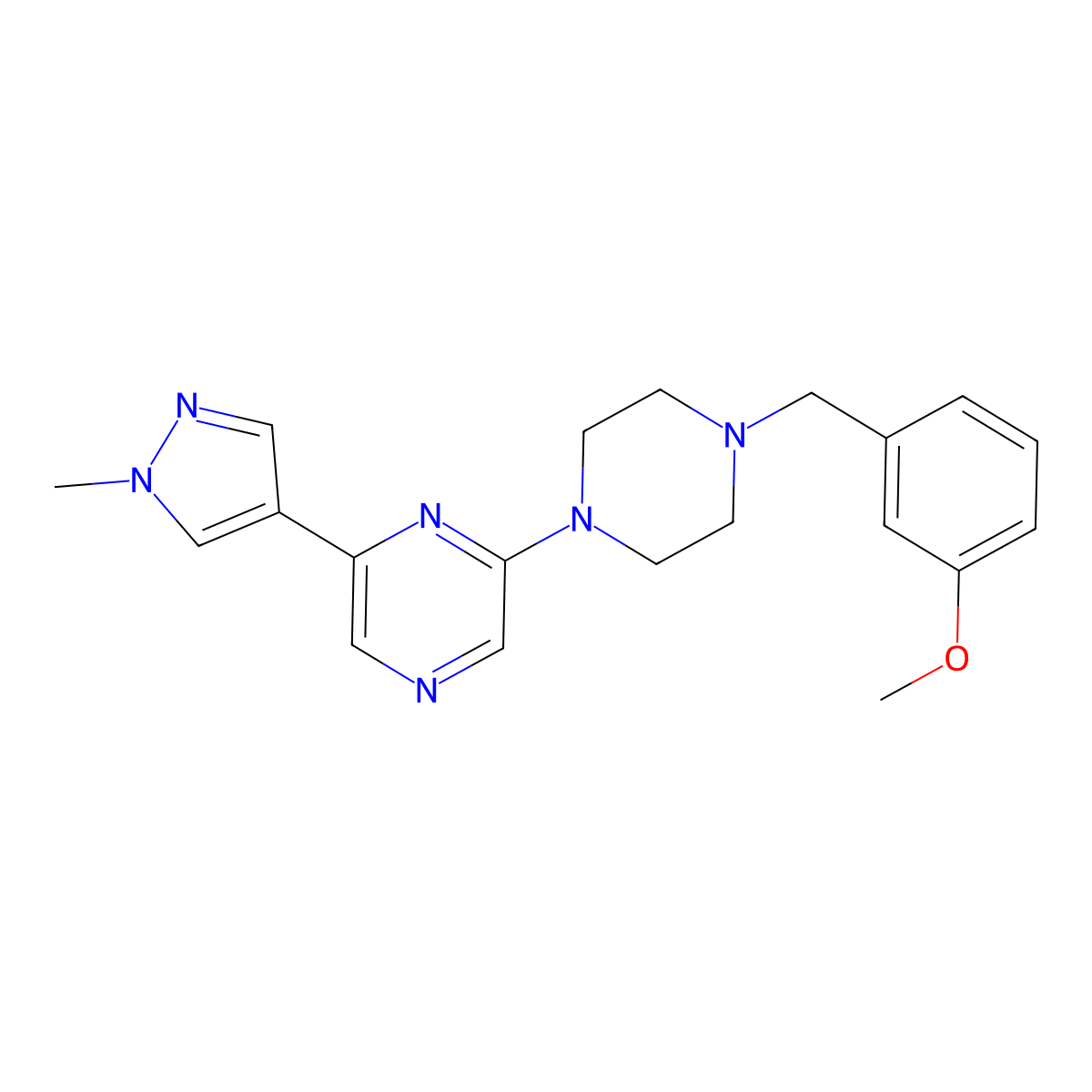 2-{4-[(3-methoxyphenyl)methyl]piperazin-1-yl}-6-(1-methyl-1H-pyrazol-4-yl)pyrazine molecular structure, CAS 2770600-31-0