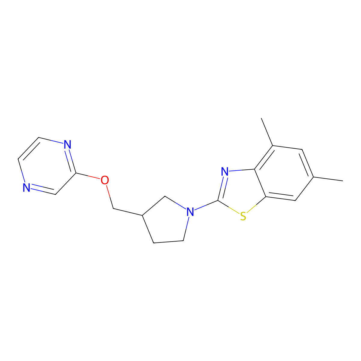 4,6-Dimethyl-2-{3-[(pyrazin-2-yloxy)methyl]pyrrolidin-1-yl}-1,3-benzothiazole molecular structure, CAS 2770600-35-4