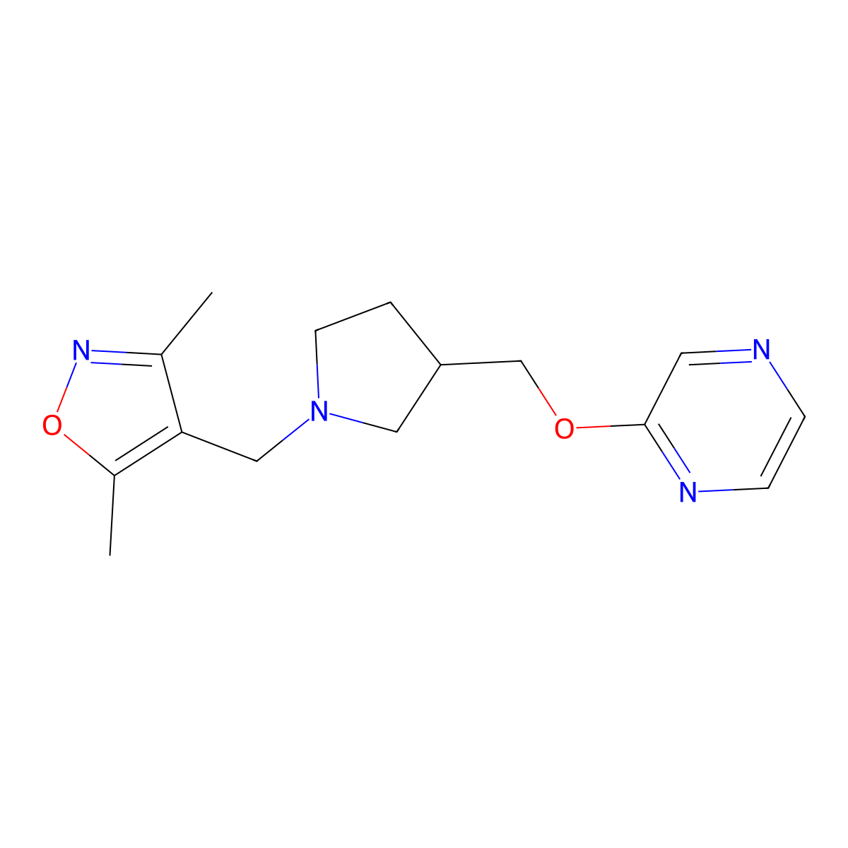 2-({1-[(3,5-Dimethyl-1,2-oxazol-4-yl)methyl]pyrrolidin-3-yl}methoxy)pyrazine molecular structure, CAS 2770600-38-7