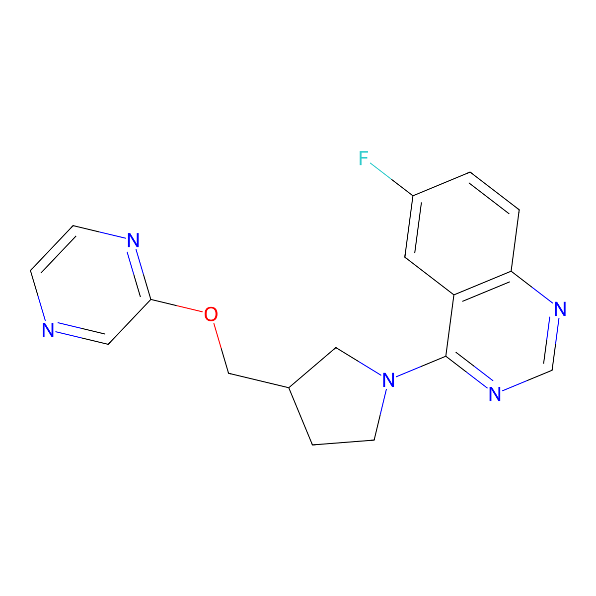 6-Fluoro-4-{3-[(pyrazin-2-yloxy)methyl]pyrrolidin-1-yl}quinazoline molecular structure, CAS 2770600-40-1