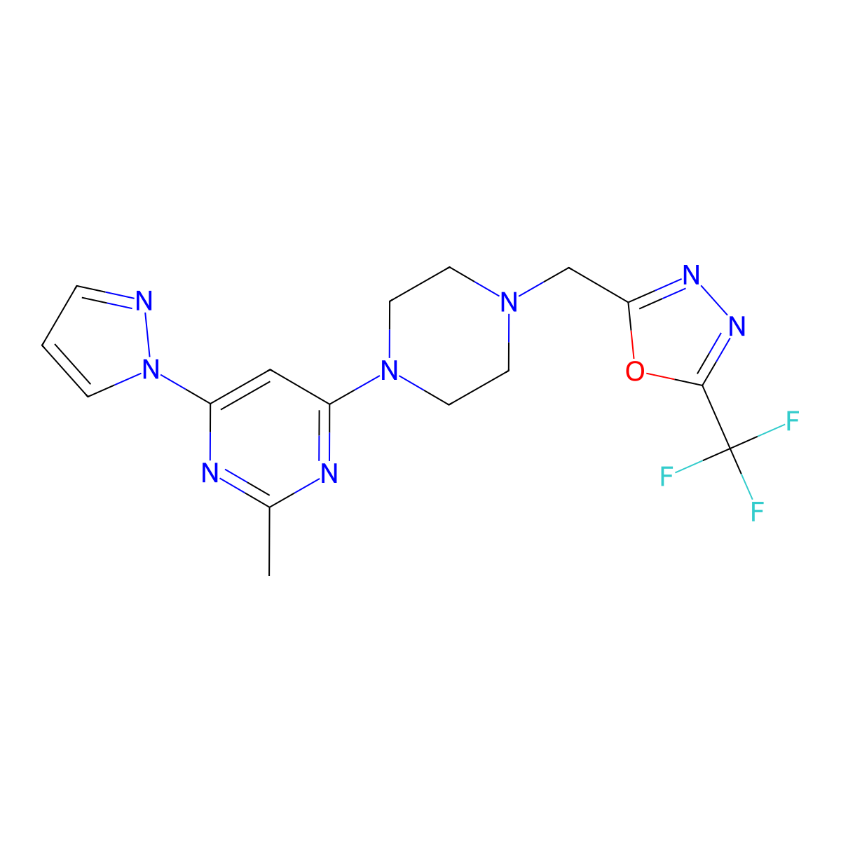 2-methyl-4-(1H-pyrazol-1-yl)-6-(4-{[5-(trifluoromethyl)-1,3,4-oxadiazol-2-yl]methyl}piperazin-1-yl)pyrimidine molecular structure, CAS 2770600-52-5