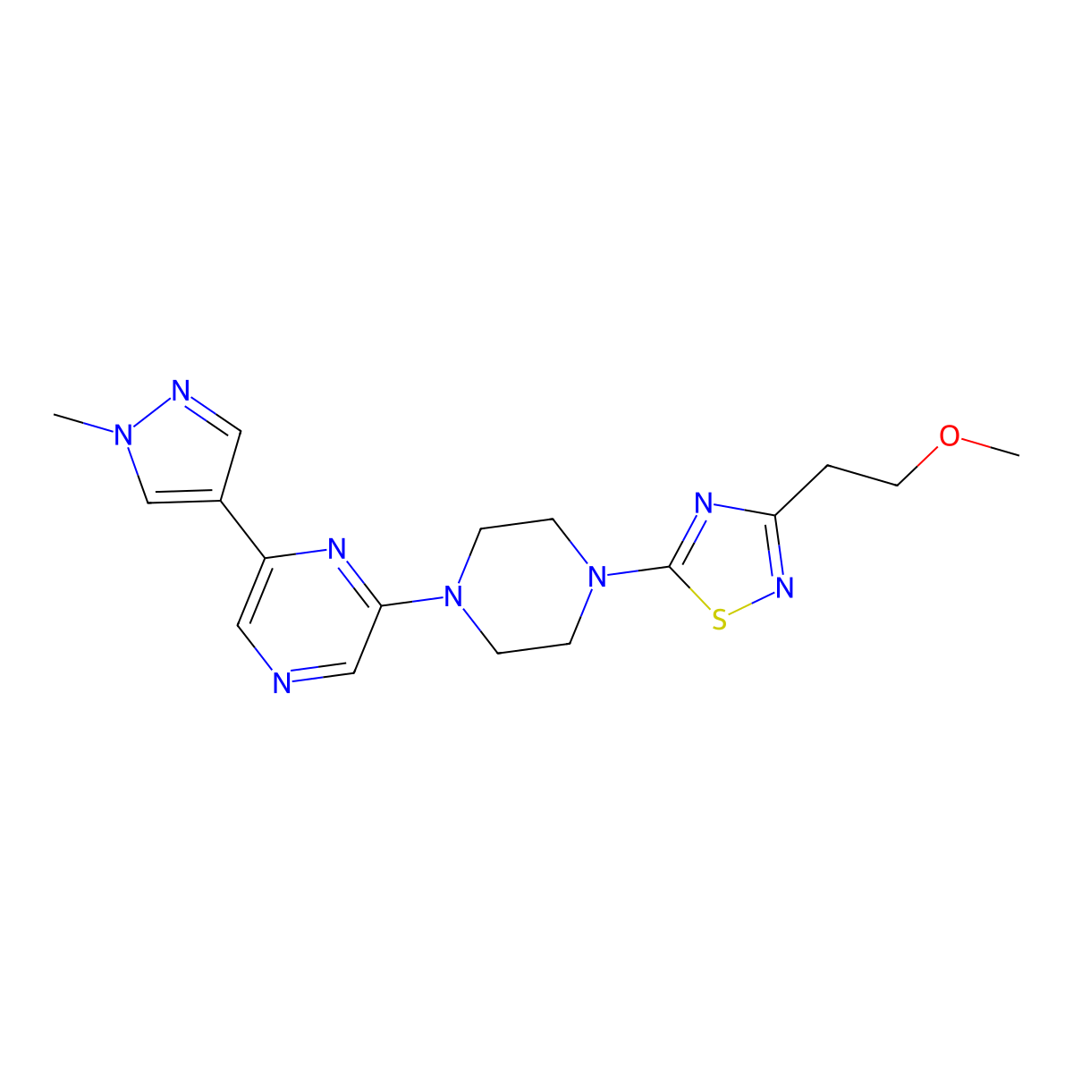 2-{4-[3-(2-methoxyethyl)-1,2,4-thiadiazol-5-yl]piperazin-1-yl}-6-(1-methyl-1H-pyrazol-4-yl)pyrazine molecular structure, CAS 2770600-56-9