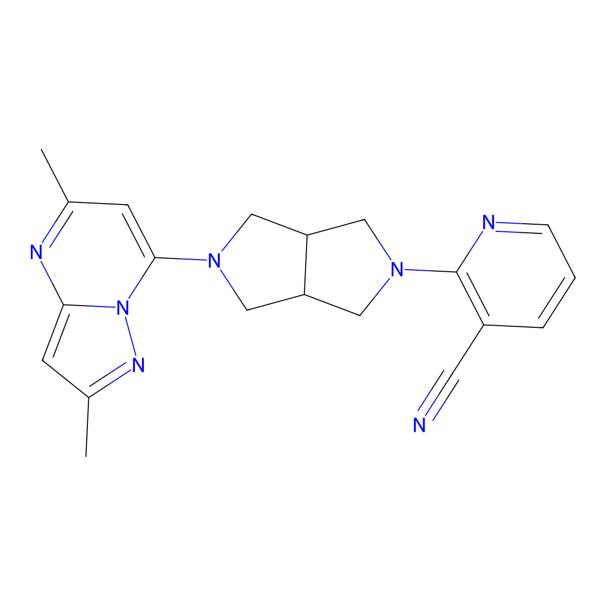 2-(5-{2,5-Dimethylpyrazolo[1,5-a]pyrimidin-7-yl}-octahydropyrrolo[3,4-c]pyrrol-2-yl)pyridine-3-carbonitrile molecular structure, CAS 2770600-57-0