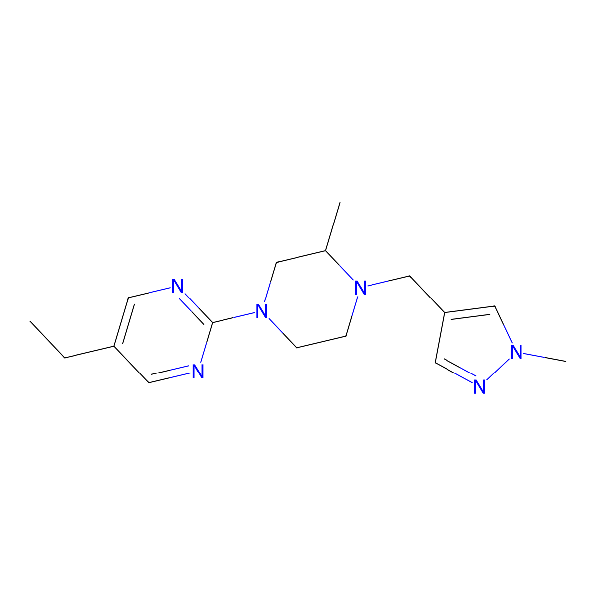 5-ethyl-2-{3-methyl-4-[(1-methyl-1H-pyrazol-4-yl)methyl]piperazin-1-yl}pyrimidine molecular structure, CAS 2770600-64-9