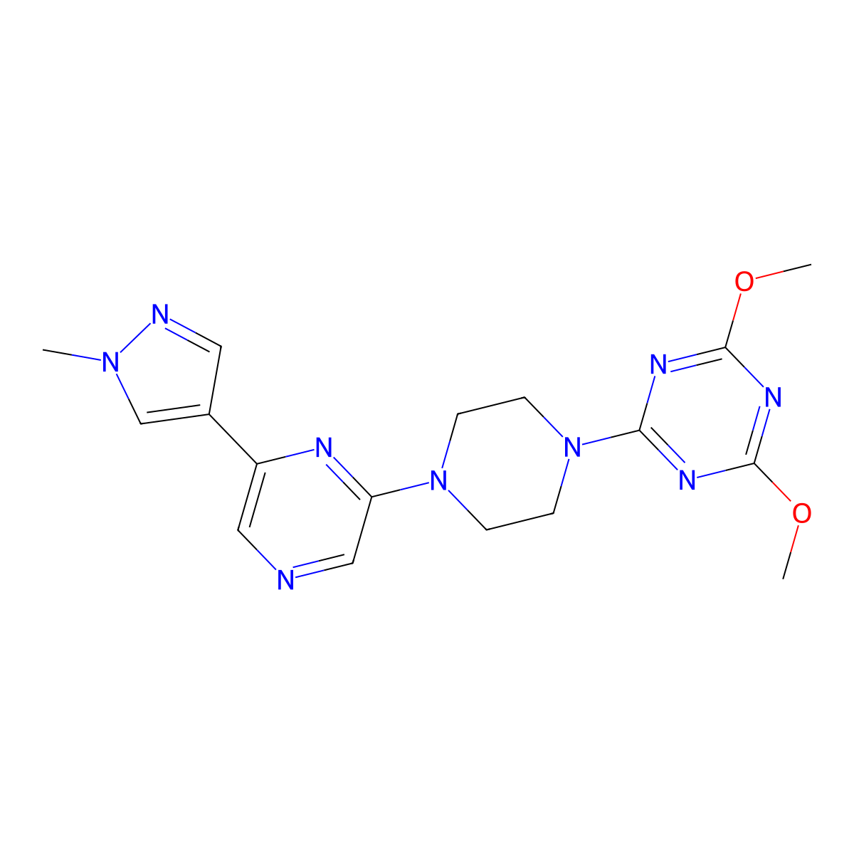2,4-dimethoxy-6-{4-[6-(1-methyl-1H-pyrazol-4-yl)pyrazin-2-yl]piperazin-1-yl}-1,3,5-triazine molecular structure, CAS 2770600-66-1