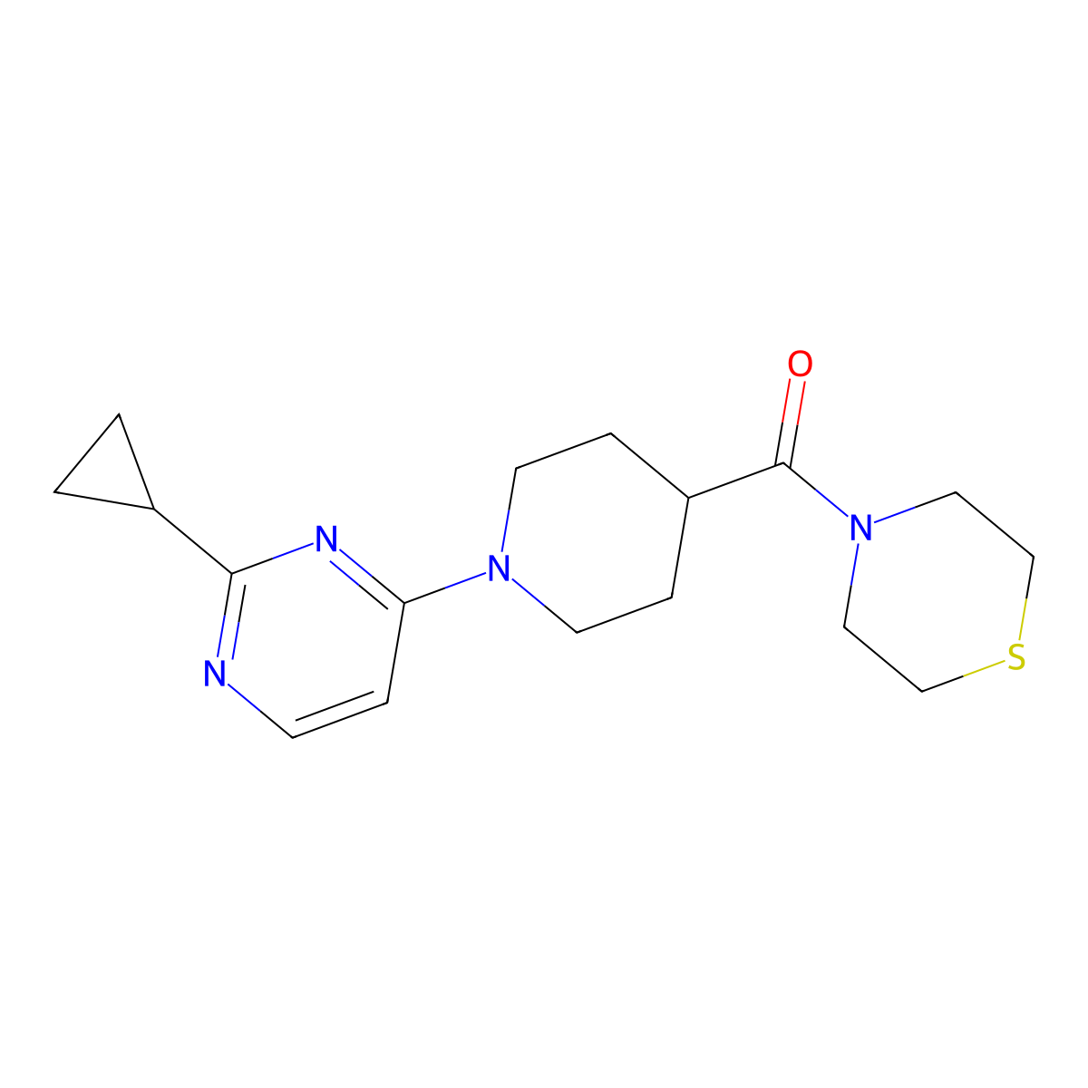 4-[1-(2-Cyclopropylpyrimidin-4-yl)piperidine-4-carbonyl]thiomorpholine molecular structure, CAS 2770600-71-8