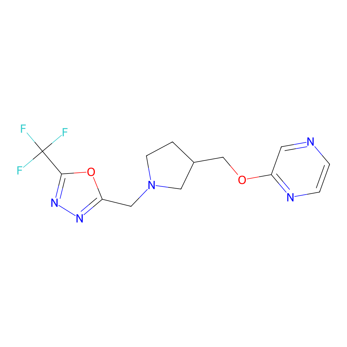 2-[(1-{[5-(Trifluoromethyl)-1,3,4-oxadiazol-2-yl]methyl}pyrrolidin-3-yl)methoxy]pyrazine molecular structure, CAS 2770600-75-2