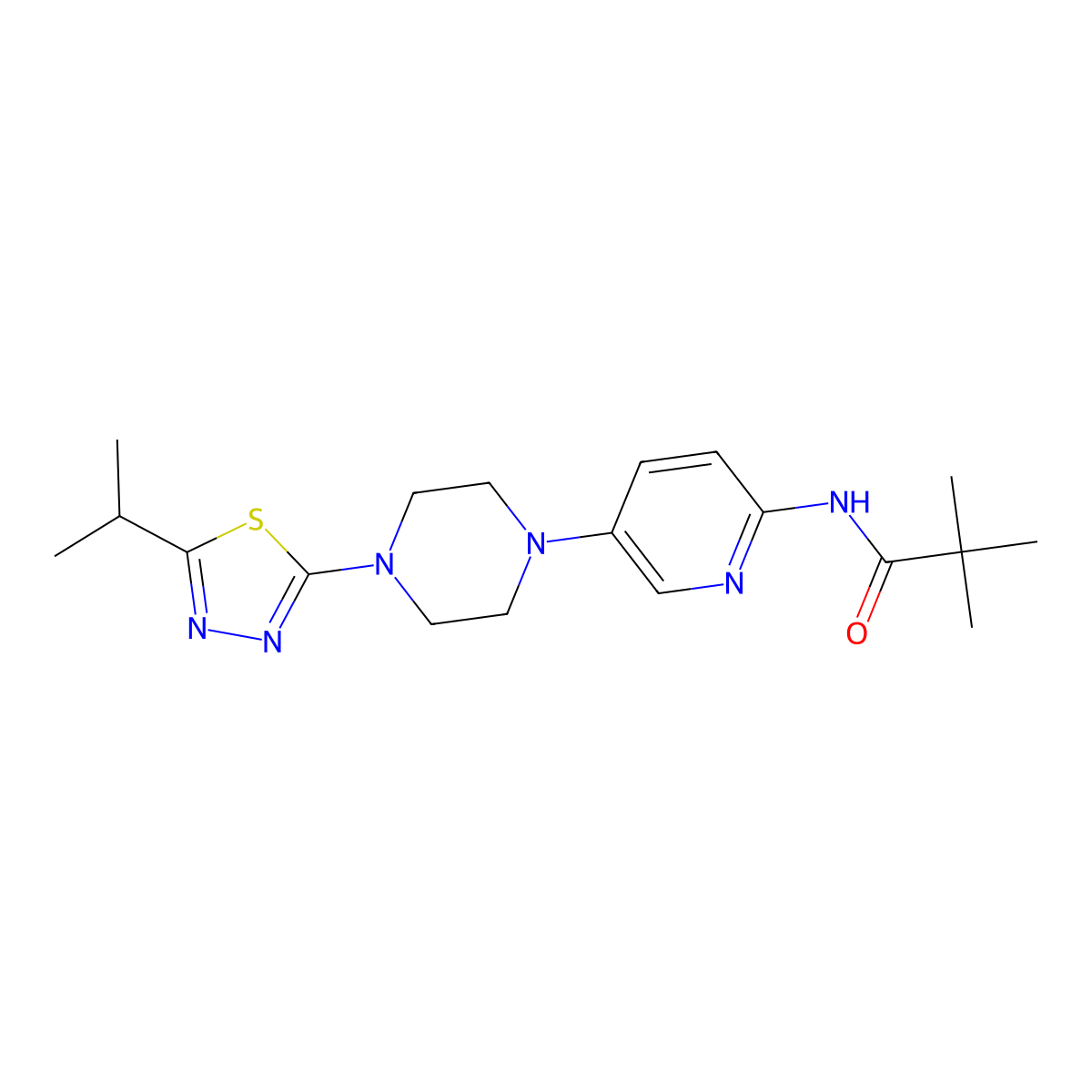 2,2-dimethyl-N-(5-{4-[5-(propan-2-yl)-1,3,4-thiadiazol-2-yl]piperazin-1-yl}pyridin-2-yl)propanamide molecular structure, CAS 2770600-76-3