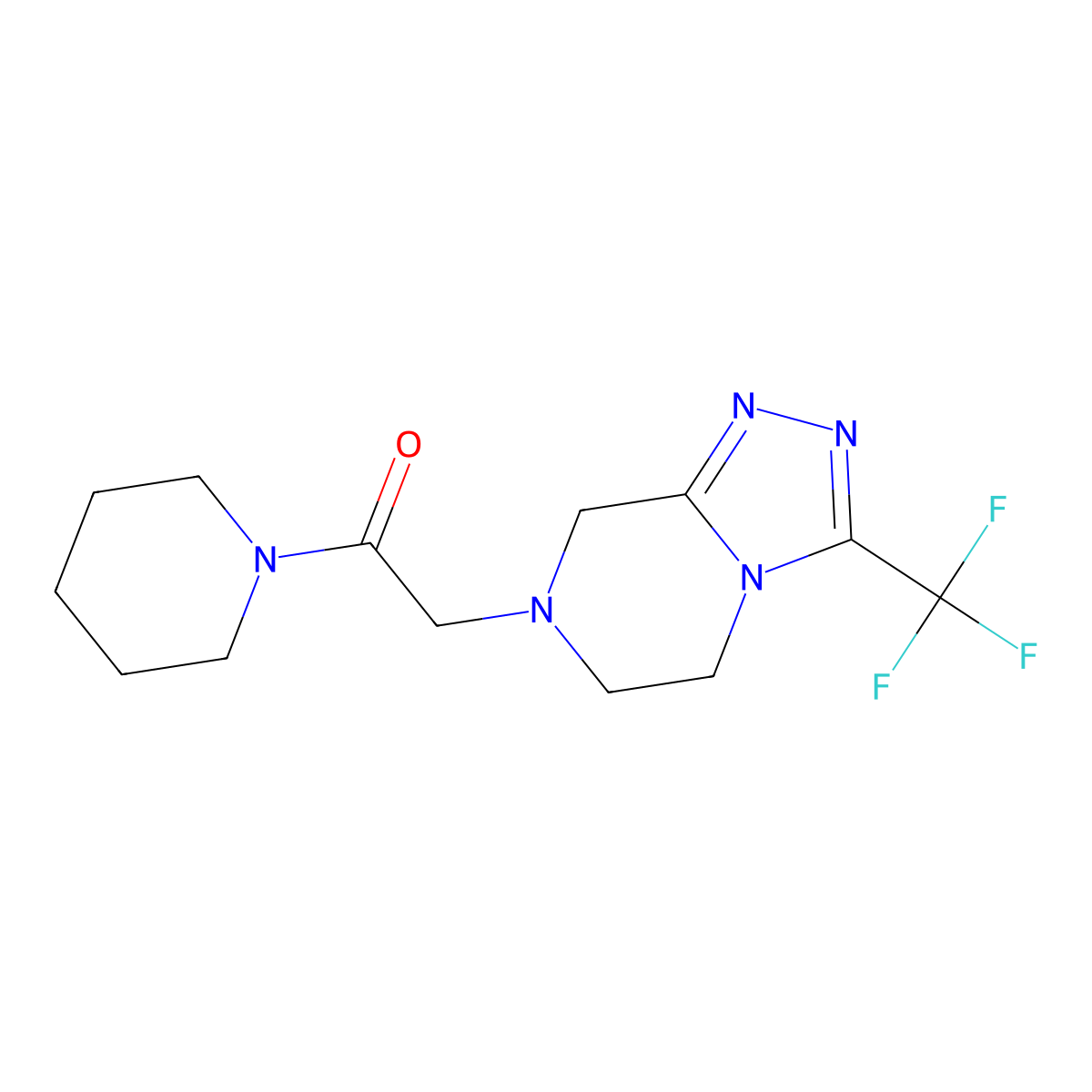 1-(piperidin-1-yl)-2-[3-(trifluoromethyl)-5H,6H,7H,8H-[1,2,4]triazolo[4,3-a]pyrazin-7-yl]ethan-1-one molecular structure, CAS 2770600-78-5