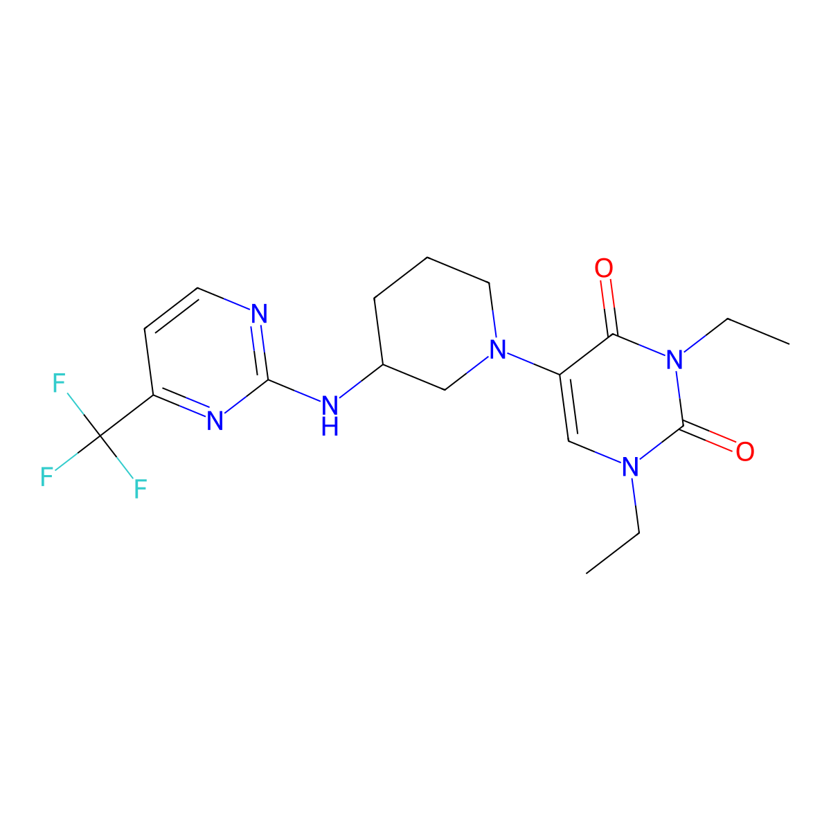 1,3-Diethyl-5-(3-{[4-(trifluoromethyl)pyrimidin-2-yl]amino}piperidin-1-yl)-1,2,3,4-tetrahydropyrimidine-2,4-dione molecular structure, CAS 2770600-79-6