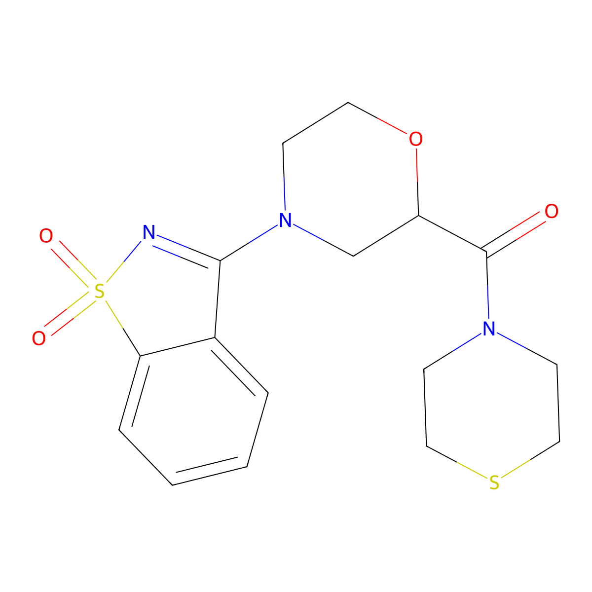 [4-(1,1-Dioxo-1,2-benzothiazol-3-yl)morpholin-2-yl]-thiomorpholin-4-ylmethanone molecular structure, CAS 2770600-87-6