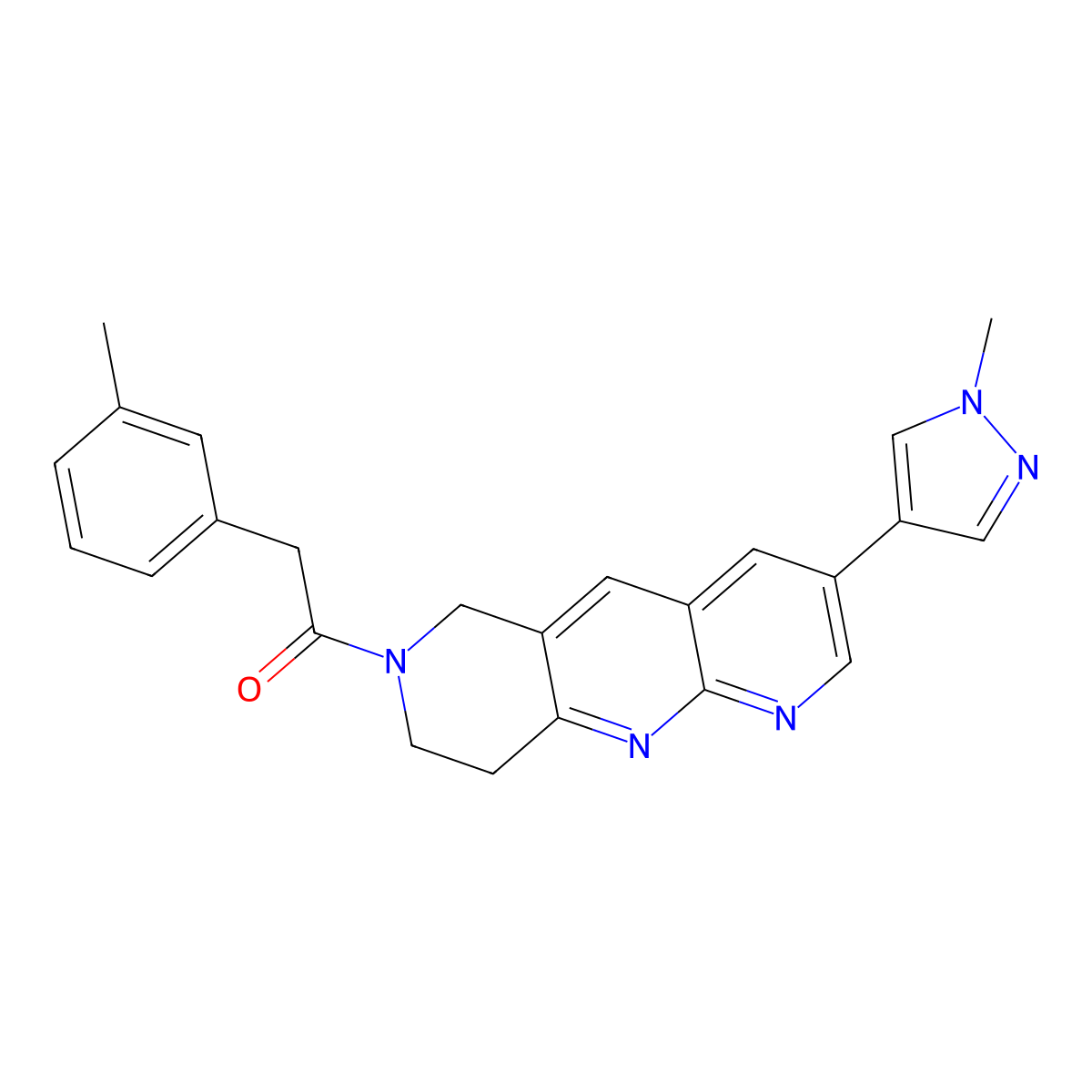 1-[3-(1-methyl-1H-pyrazol-4-yl)-6H,7H,8H,9H-pyrido[2,3-b]1,6-naphthyridin-7-yl]-2-(3-methylphenyl)ethan-1-one molecular structure, CAS 2770600-93-4