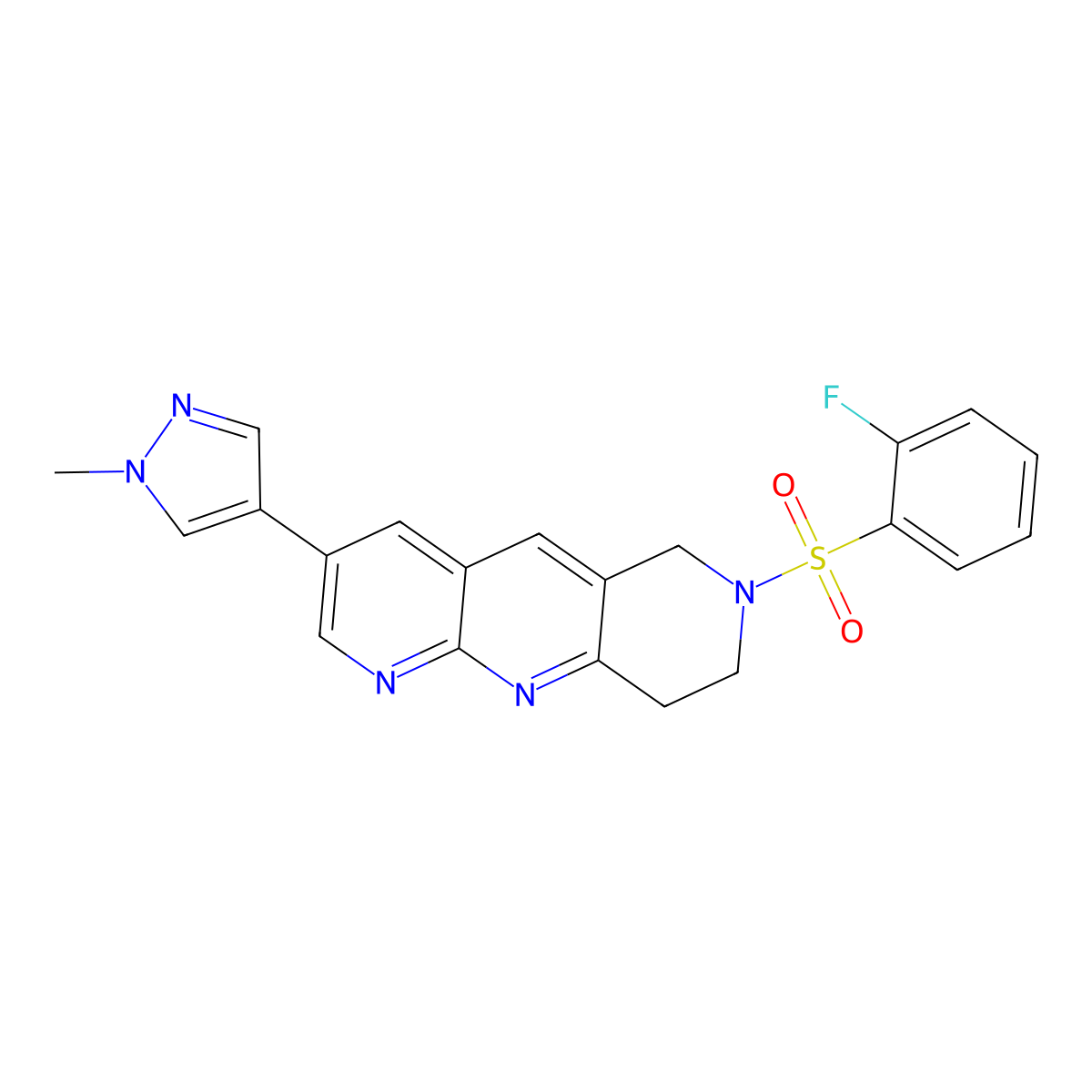 4-[7-(2-fluorobenzenesulfonyl)-6H,7H,8H,9H-pyrido[2,3-b]1,6-naphthyridin-3-yl]-1-methyl-1H-pyrazole molecular structure, CAS 2770601-01-7