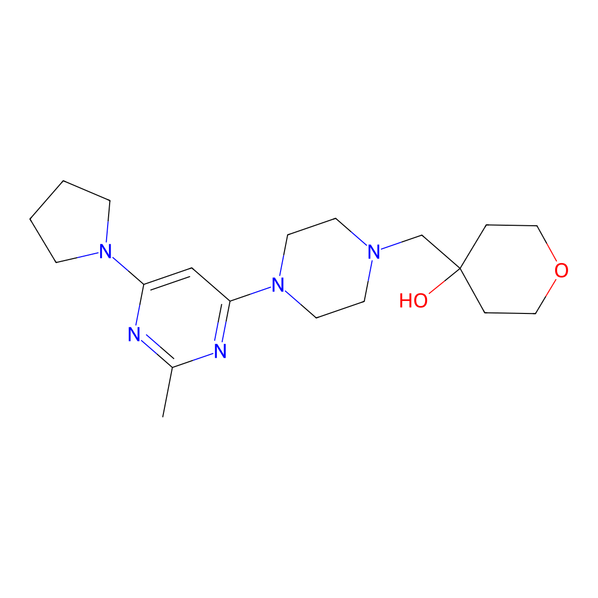 4-({4-[2-Methyl-6-(pyrrolidin-1-yl)pyrimidin-4-yl]piperazin-1-yl}methyl)oxan-4-ol molecular structure, CAS 2770601-09-5