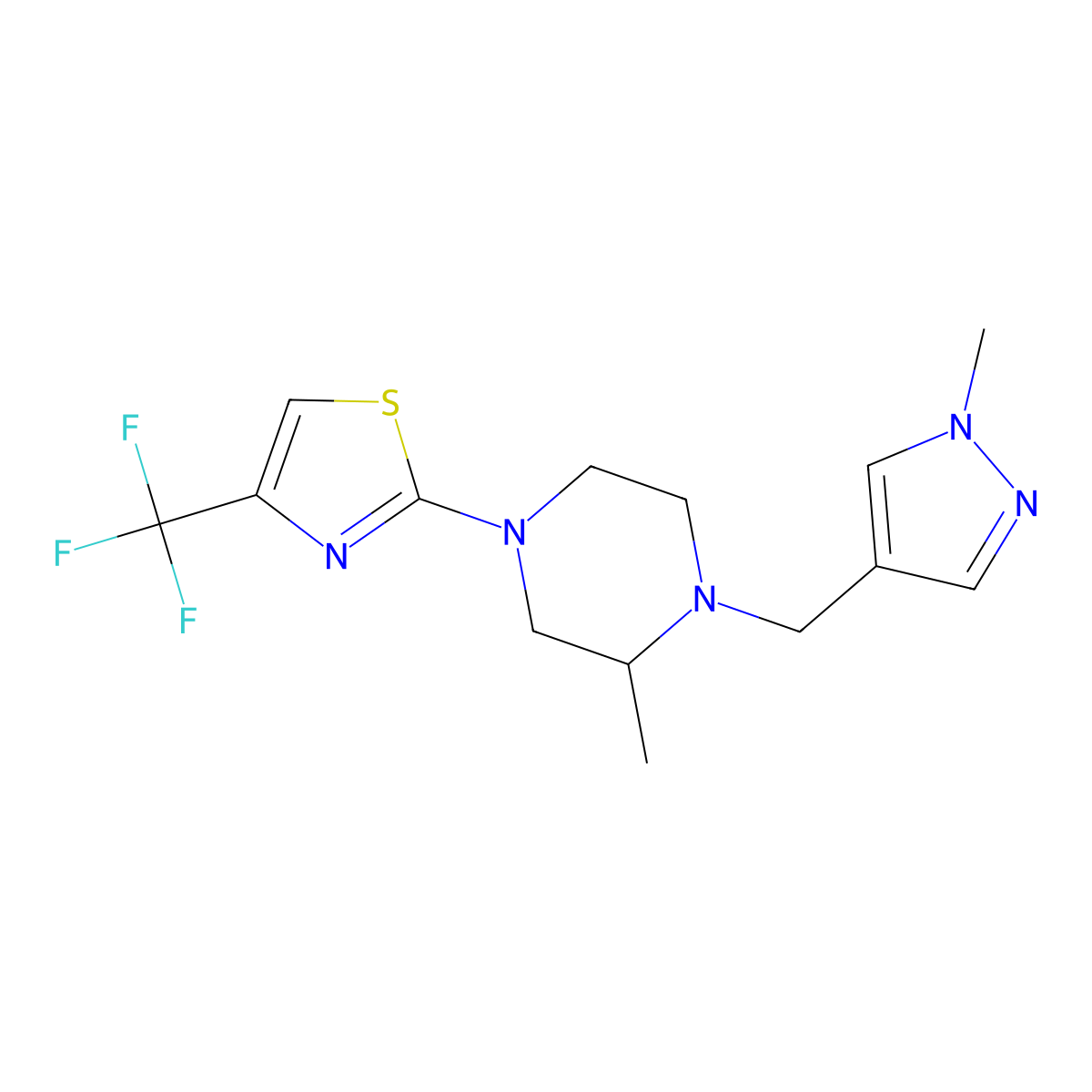 2-methyl-1-[(1-methyl-1H-pyrazol-4-yl)methyl]-4-[4-(trifluoromethyl)-1,3-thiazol-2-yl]piperazine molecular structure, CAS 2770601-12-0