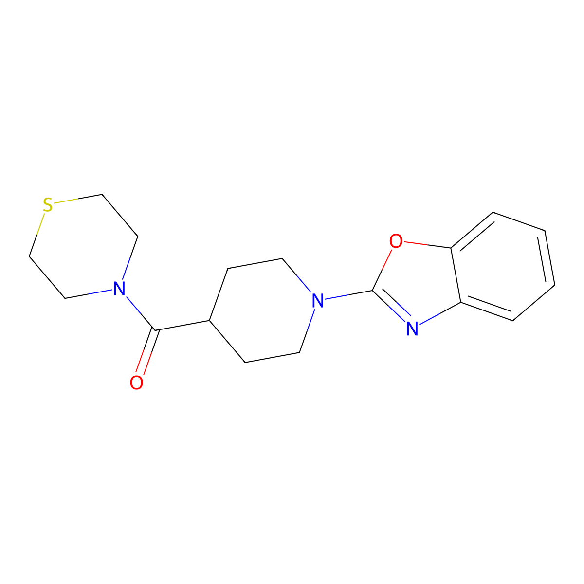 2-[4-(Thiomorpholine-4-carbonyl)piperidin-1-yl]-1,3-benzoxazole molecular structure, CAS 2770601-16-4