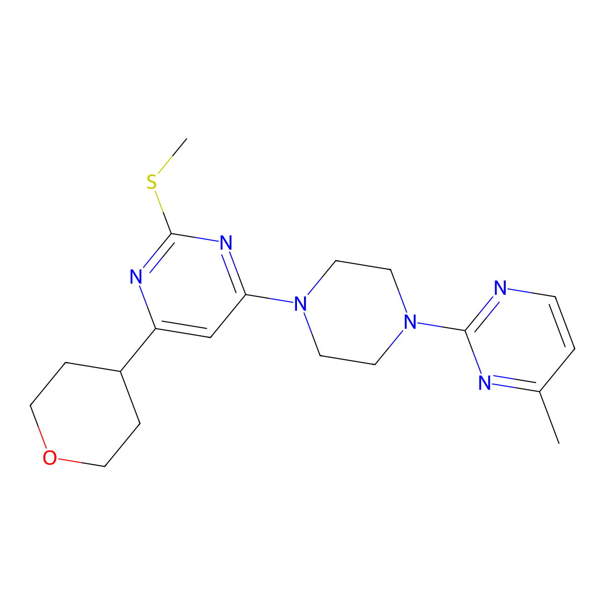 4-[4-(4-Methylpyrimidin-2-yl)piperazin-1-yl]-2-(methylsulfanyl)-6-(oxan-4-yl)pyrimidine molecular structure, CAS 2770601-25-5