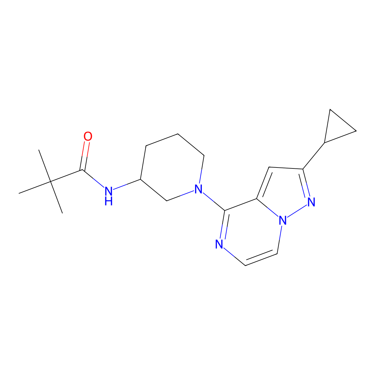 N-(1-{2-cyclopropylpyrazolo[1,5-a]pyrazin-4-yl}piperidin-3-yl)-2,2-dimethylpropanamide molecular structure, CAS 2770601-26-6