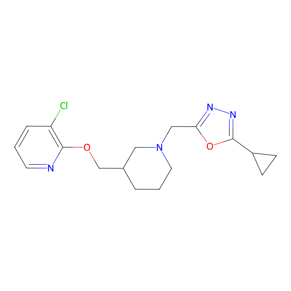 3-Chloro-2-({1-[(5-cyclopropyl-1,3,4-oxadiazol-2-yl)methyl]piperidin-3-yl}methoxy)pyridine molecular structure, CAS 2770601-31-3