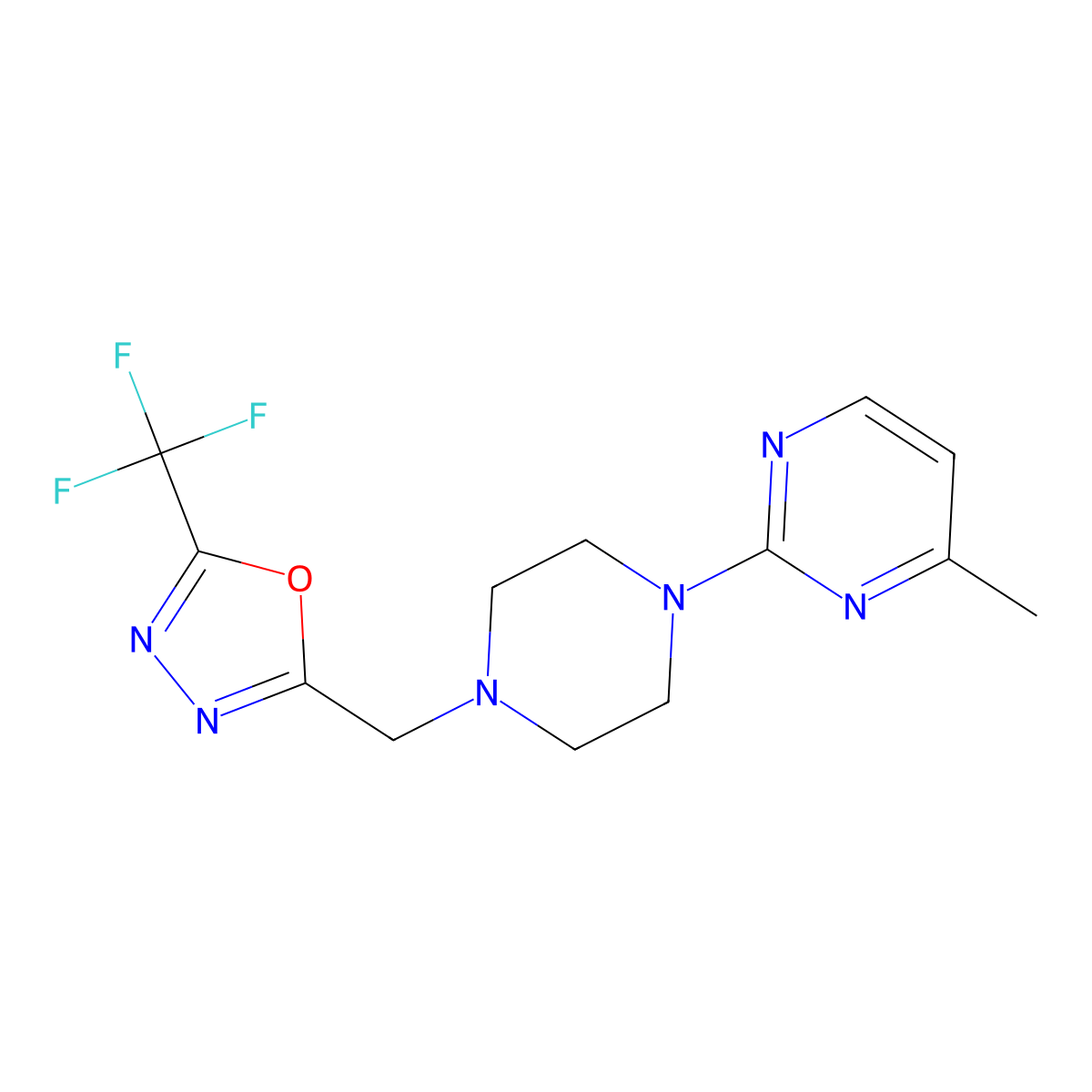 4-Methyl-2-(4-{[5-(trifluoromethyl)-1,3,4-oxadiazol-2-yl]methyl}piperazin-1-yl)pyrimidine molecular structure, CAS 2770601-35-7