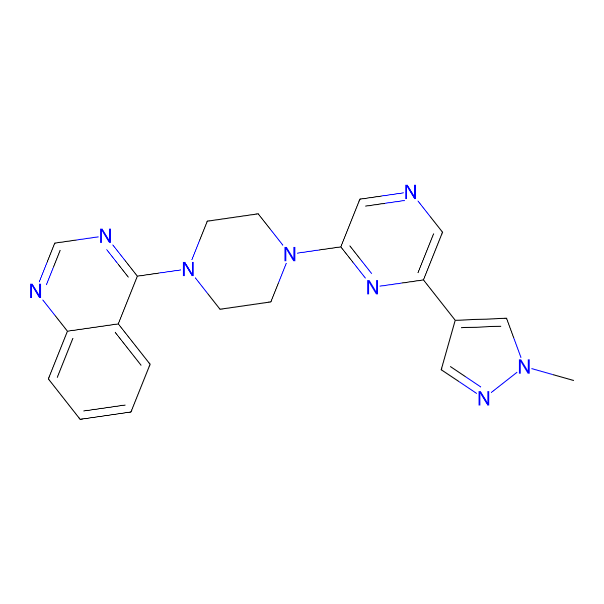 4-{4-[6-(1-methyl-1H-pyrazol-4-yl)pyrazin-2-yl]piperazin-1-yl}quinazoline molecular structure, CAS 2770601-43-7