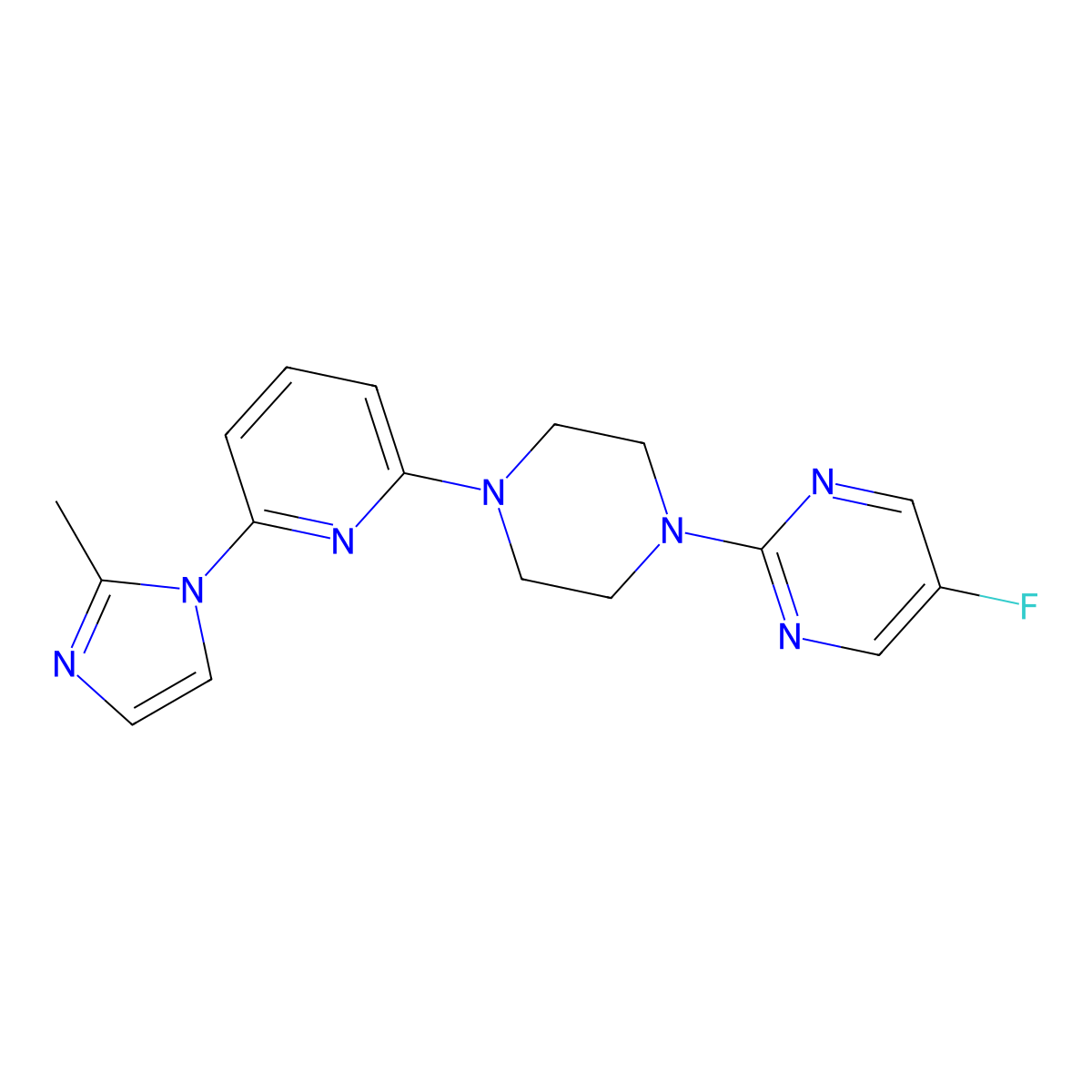 5-fluoro-2-{4-[6-(2-methyl-1H-imidazol-1-yl)pyridin-2-yl]piperazin-1-yl}pyrimidine molecular structure, CAS 2770601-44-8