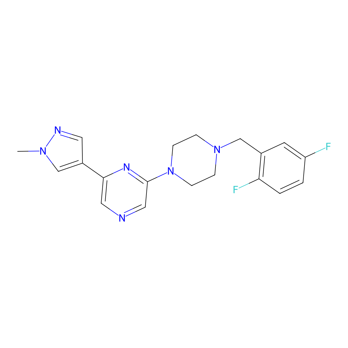 2-{4-[(2,5-difluorophenyl)methyl]piperazin-1-yl}-6-(1-methyl-1H-pyrazol-4-yl)pyrazine molecular structure, CAS 2770601-58-4