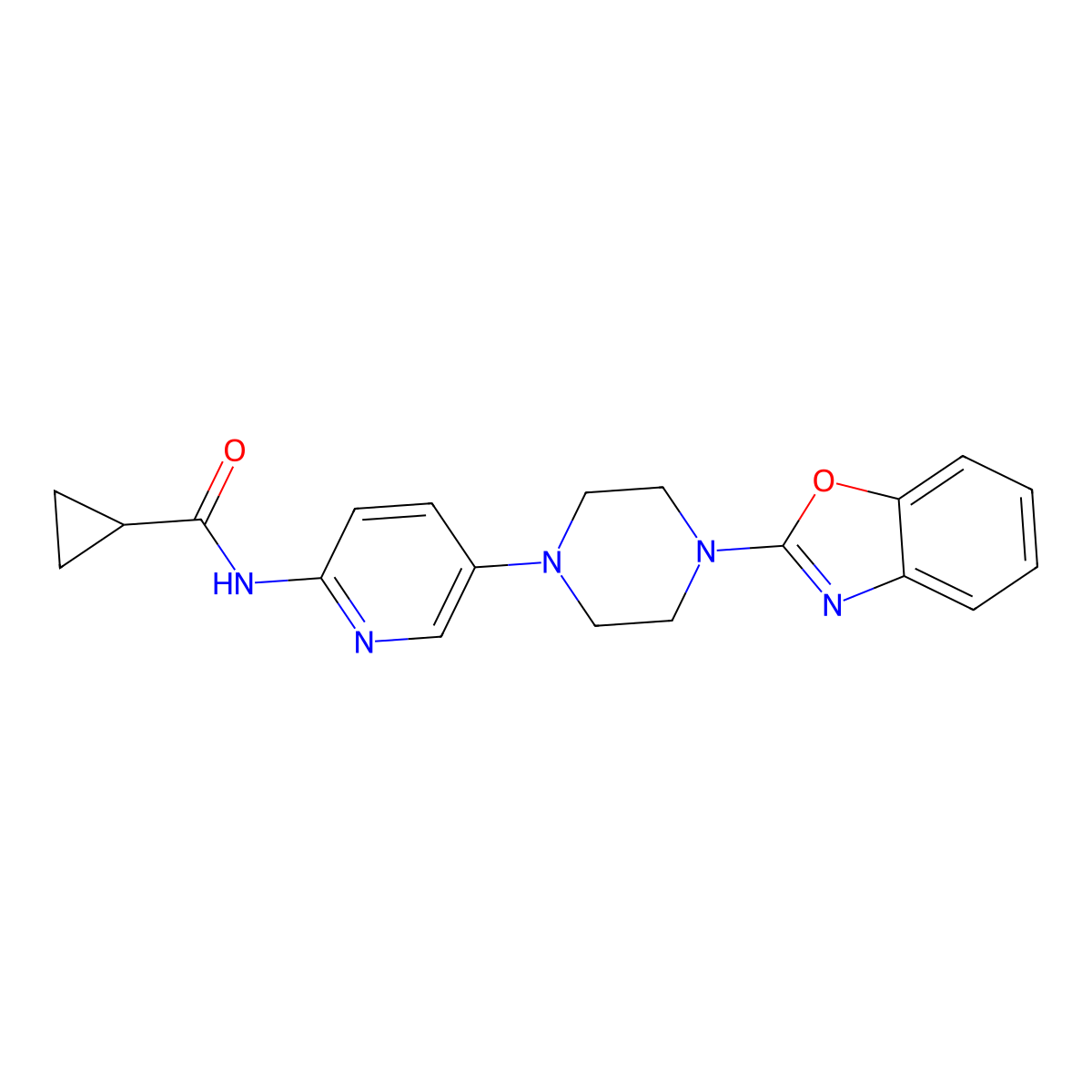N-{5-[4-(1,3-benzoxazol-2-yl)piperazin-1-yl]pyridin-2-yl}cyclopropanecarboxamide molecular structure, CAS 2770601-59-5