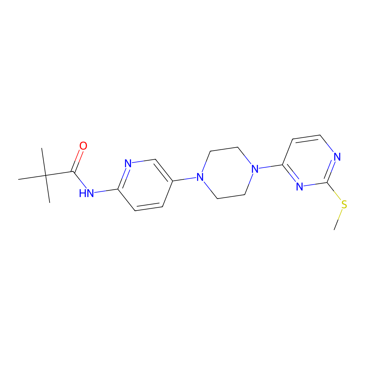2,2-dimethyl-N-(5-{4-[2-(methylsulfanyl)pyrimidin-4-yl]piperazin-1-yl}pyridin-2-yl)propanamide molecular structure, CAS 2770601-73-3