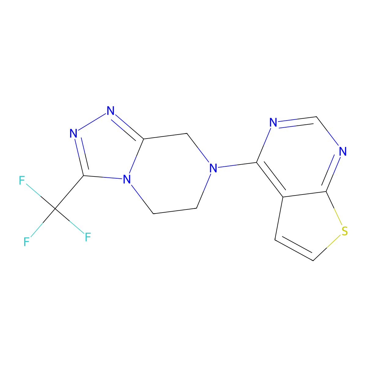 7-{thieno[2,3-d]pyrimidin-4-yl}-3-(trifluoromethyl)-5H,6H,7H,8H-[1,2,4]triazolo[4,3-a]pyrazine molecular structure, CAS 2770601-79-9