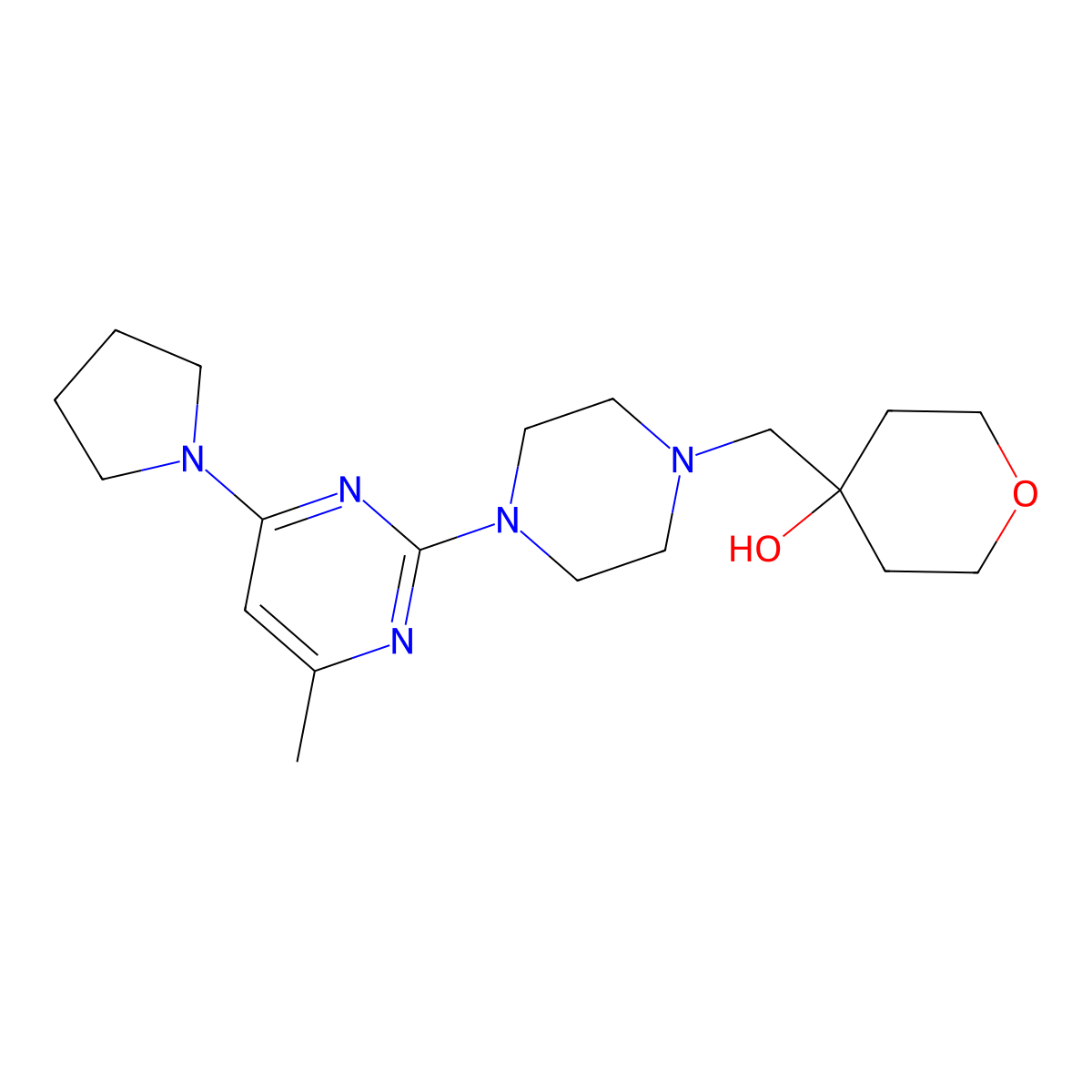 4-({4-[4-Methyl-6-(pyrrolidin-1-yl)pyrimidin-2-yl]piperazin-1-yl}methyl)oxan-4-ol molecular structure, CAS 2770601-81-3