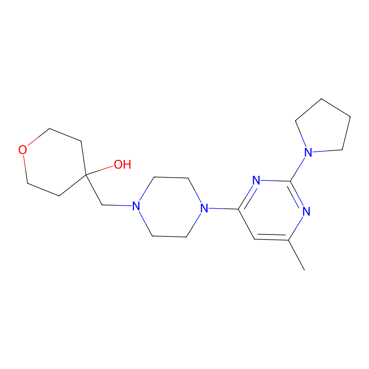 4-({4-[6-Methyl-2-(pyrrolidin-1-yl)pyrimidin-4-yl]piperazin-1-yl}methyl)oxan-4-ol molecular structure, CAS 2770601-83-5