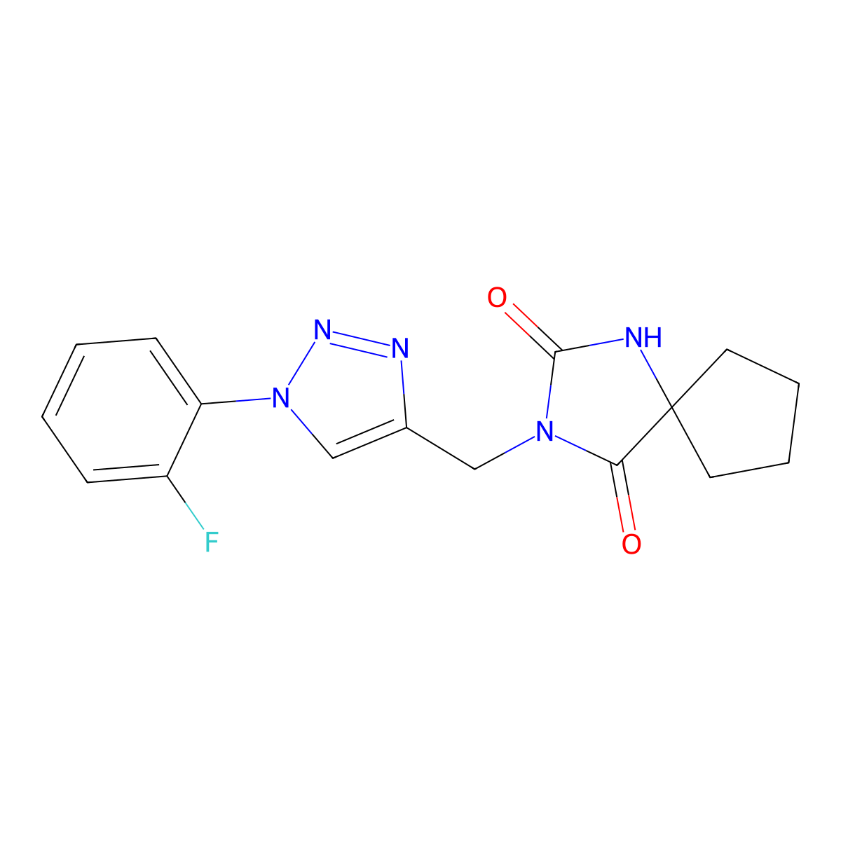 3-{[1-(2-fluorophenyl)-1H-1,2,3-triazol-4-yl]methyl}-1,3-diazaspiro[4.4]nonane-2,4-dione molecular structure, CAS 2770601-84-6