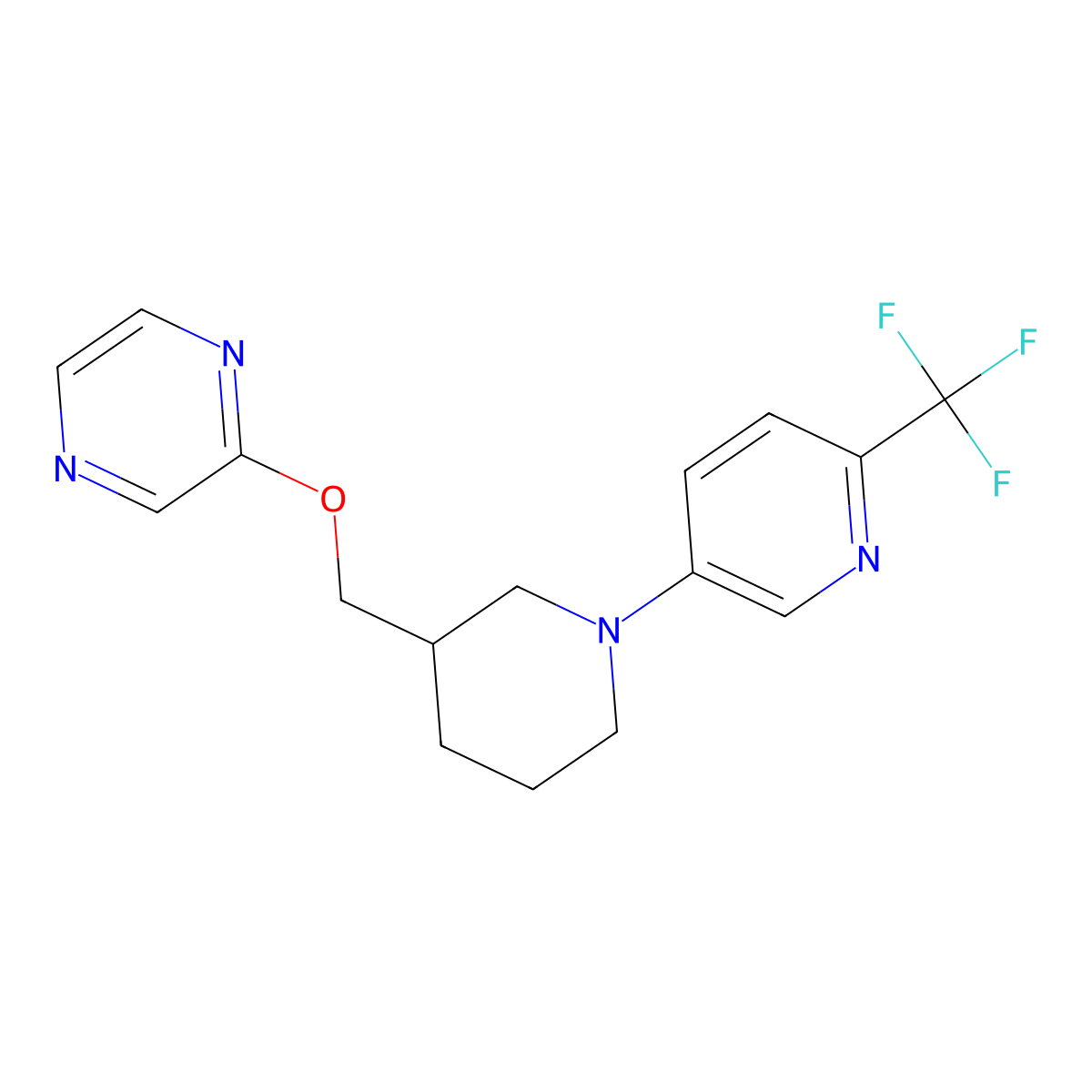 2-({1-[6-(Trifluoromethyl)pyridin-3-yl]piperidin-3-yl}methoxy)pyrazine molecular structure, CAS 2770601-85-7