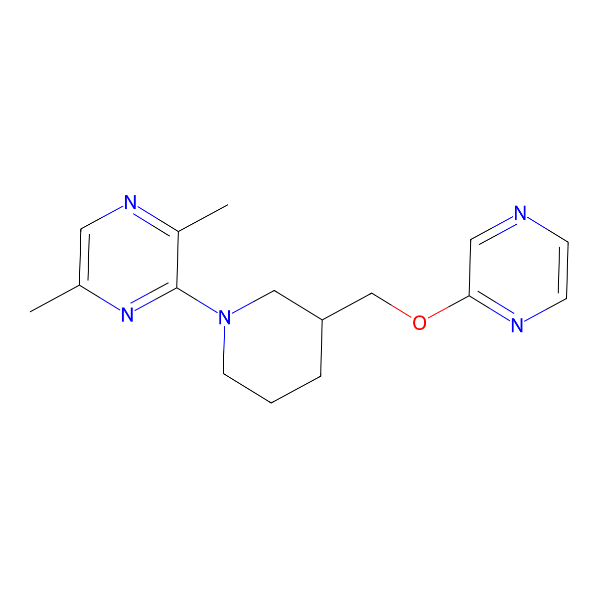 2,5-Dimethyl-3-{3-[(pyrazin-2-yloxy)methyl]piperidin-1-yl}pyrazine molecular structure, CAS 2770601-86-8
