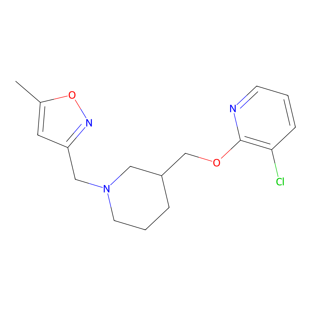 3-Chloro-2-({1-[(5-methyl-1,2-oxazol-3-yl)methyl]piperidin-3-yl}methoxy)pyridine molecular structure, CAS 2770601-89-1