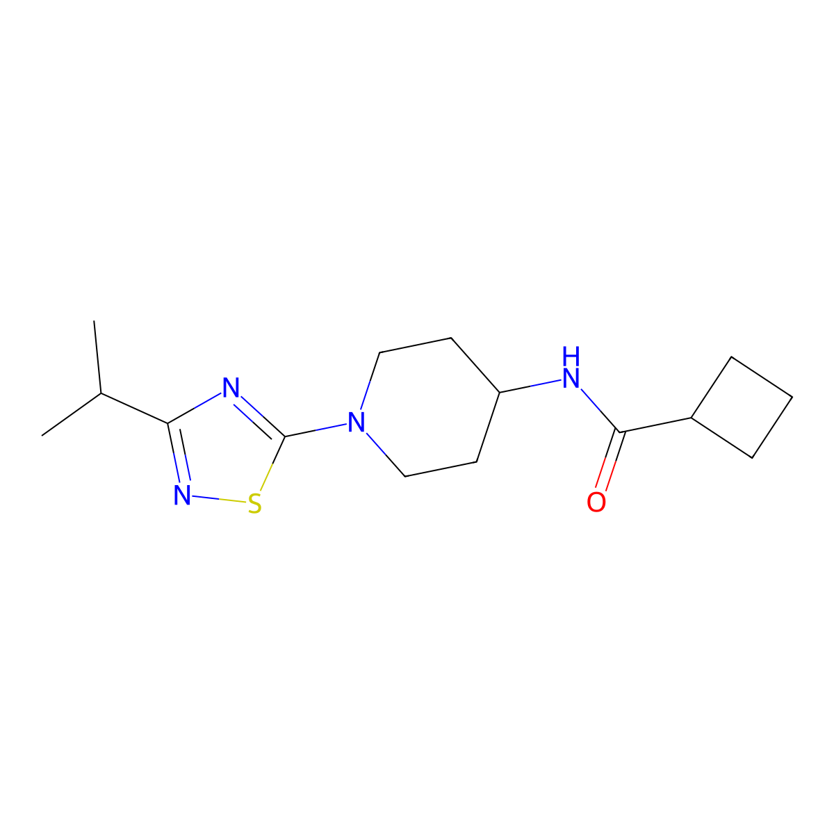 N-{1-[3-(propan-2-yl)-1,2,4-thiadiazol-5-yl]piperidin-4-yl}cyclobutanecarboxamide molecular structure, CAS 2770601-97-1