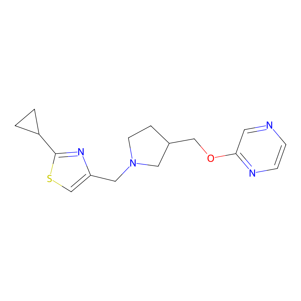 2-({1-[(2-Cyclopropyl-1,3-thiazol-4-yl)methyl]pyrrolidin-3-yl}methoxy)pyrazine molecular structure, CAS 2770602-00-9