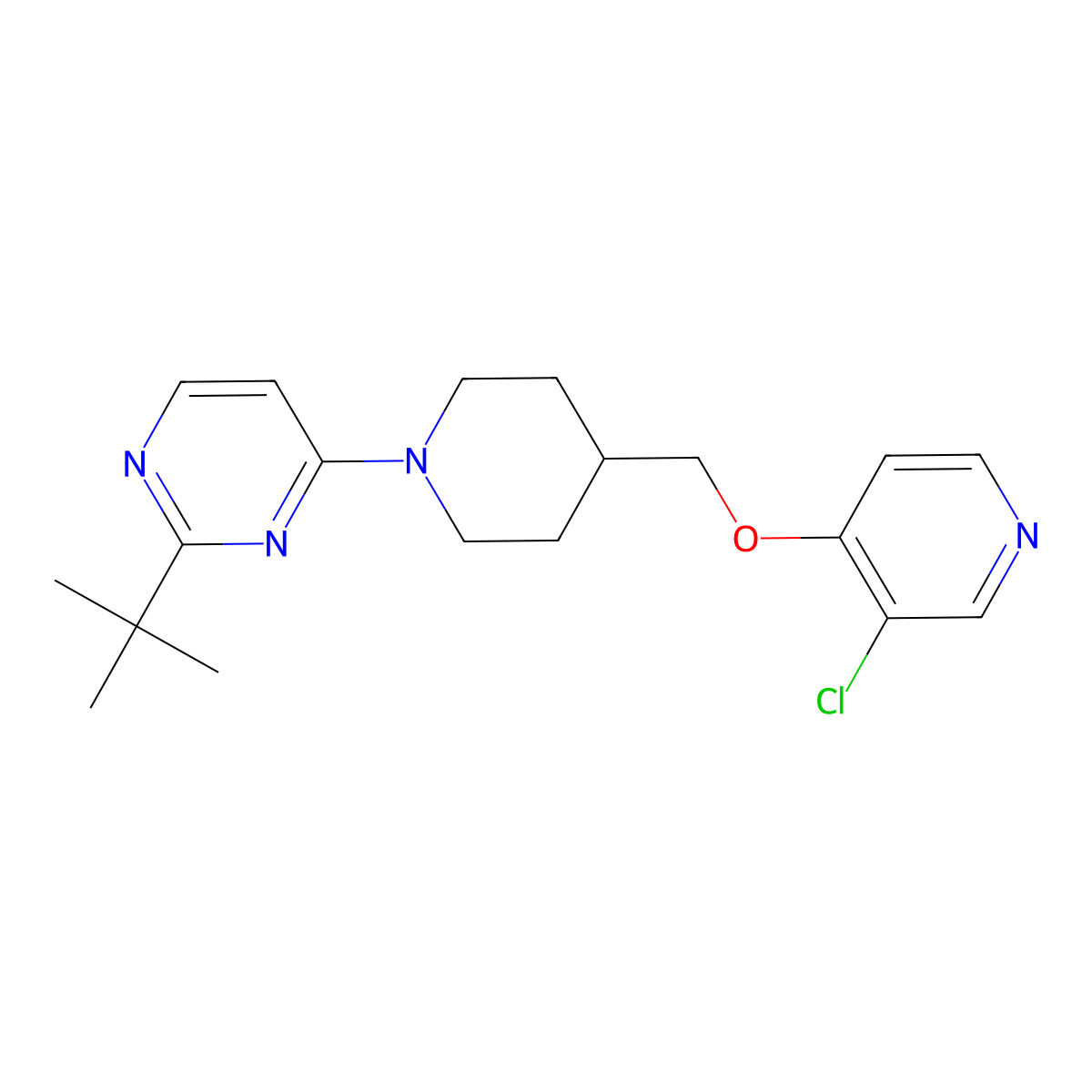 2-Tert-butyl-4-(4-{[(3-chloropyridin-4-yl)oxy]methyl}piperidin-1-yl)pyrimidine molecular structure, CAS 2770602-02-1
